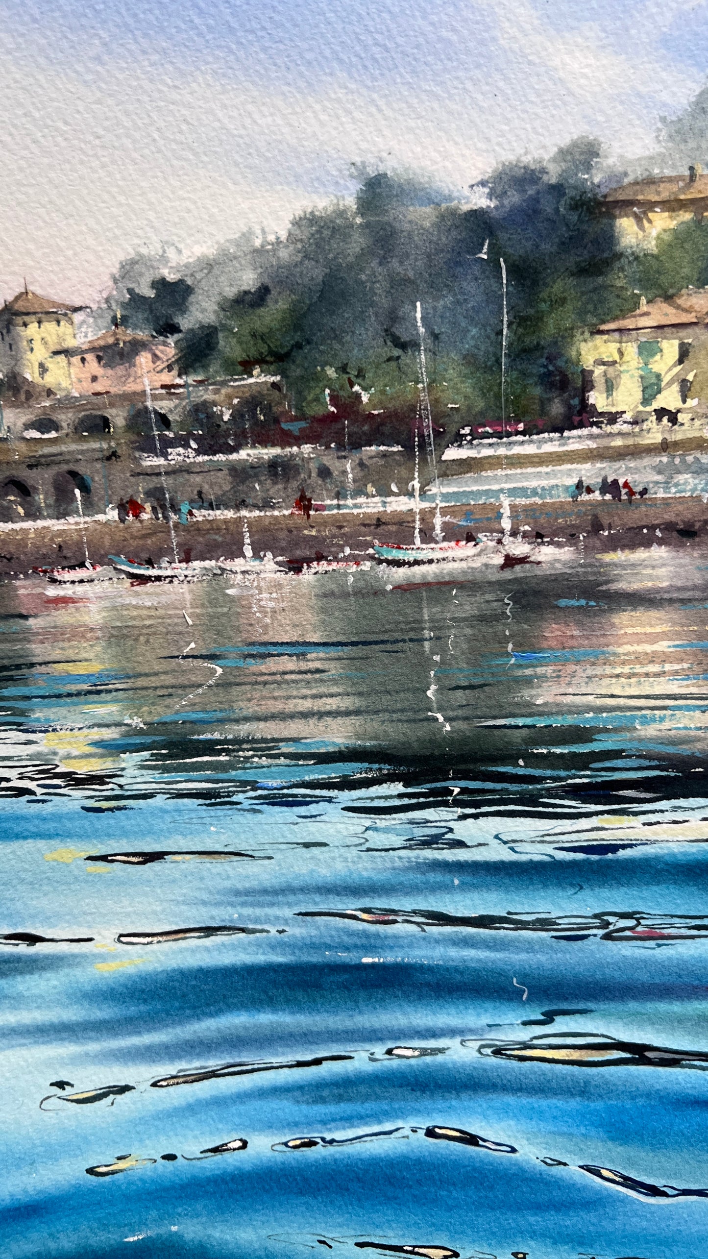 Recco Liguria Watercolor, Italian Riviera Seascape, Blue Waters of Recco 15x22