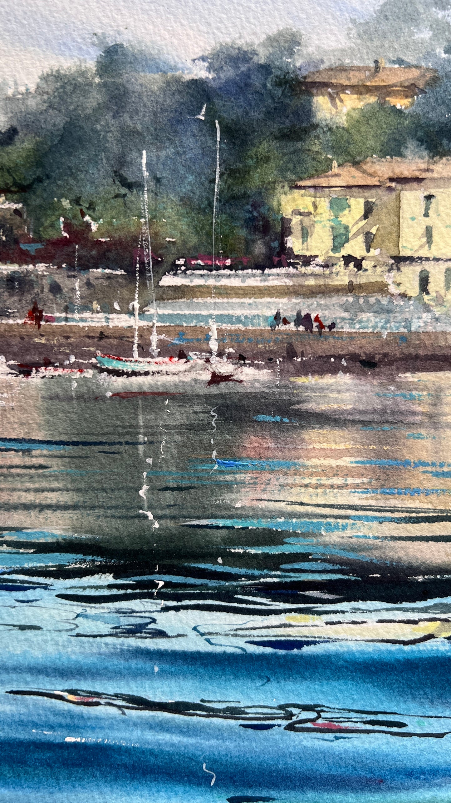 Recco Liguria Watercolor, Italian Riviera Seascape, Blue Waters of Recco 15x22