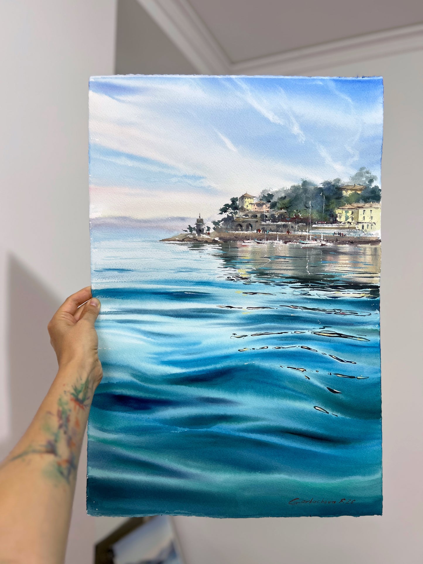 Recco Liguria Watercolor, Italian Riviera Seascape, Blue Waters of Recco 15x22
