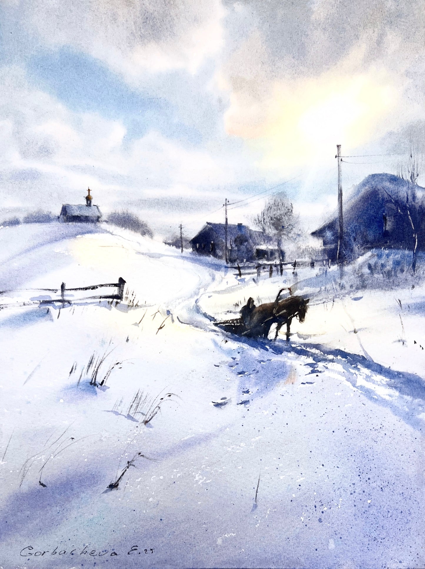 Original Watercolor Winter Landscape Painting, Horse Sleigh Art, Snowy Village Scene, An Old Winter Tale
