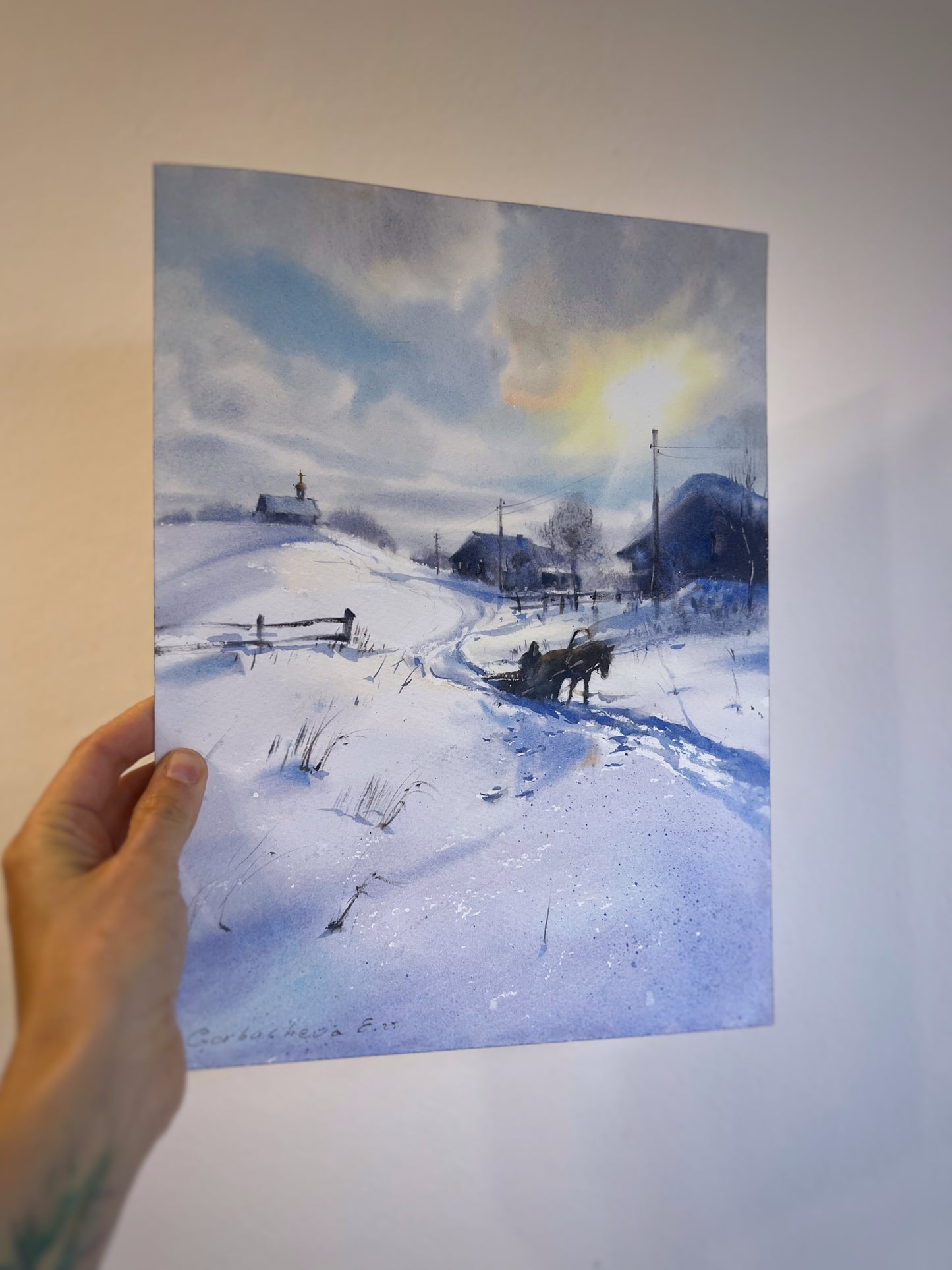 Original Watercolor Winter Landscape Painting, Horse Sleigh Art, Snowy Village Scene, An Old Winter Tale