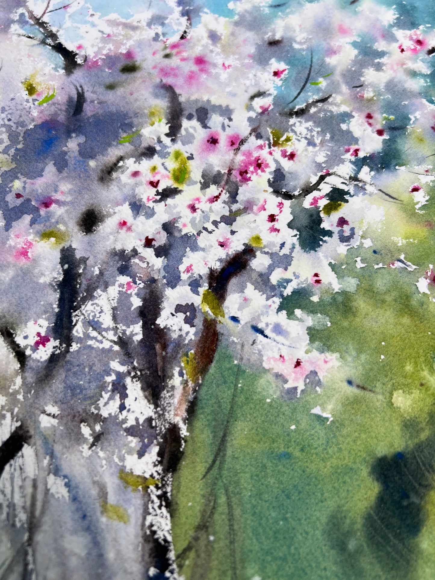 Almond Blossom Painting, Original Watercolor Spring Landscape Artwork, Flora Wall Art Decor, Flower, Blooming Tree