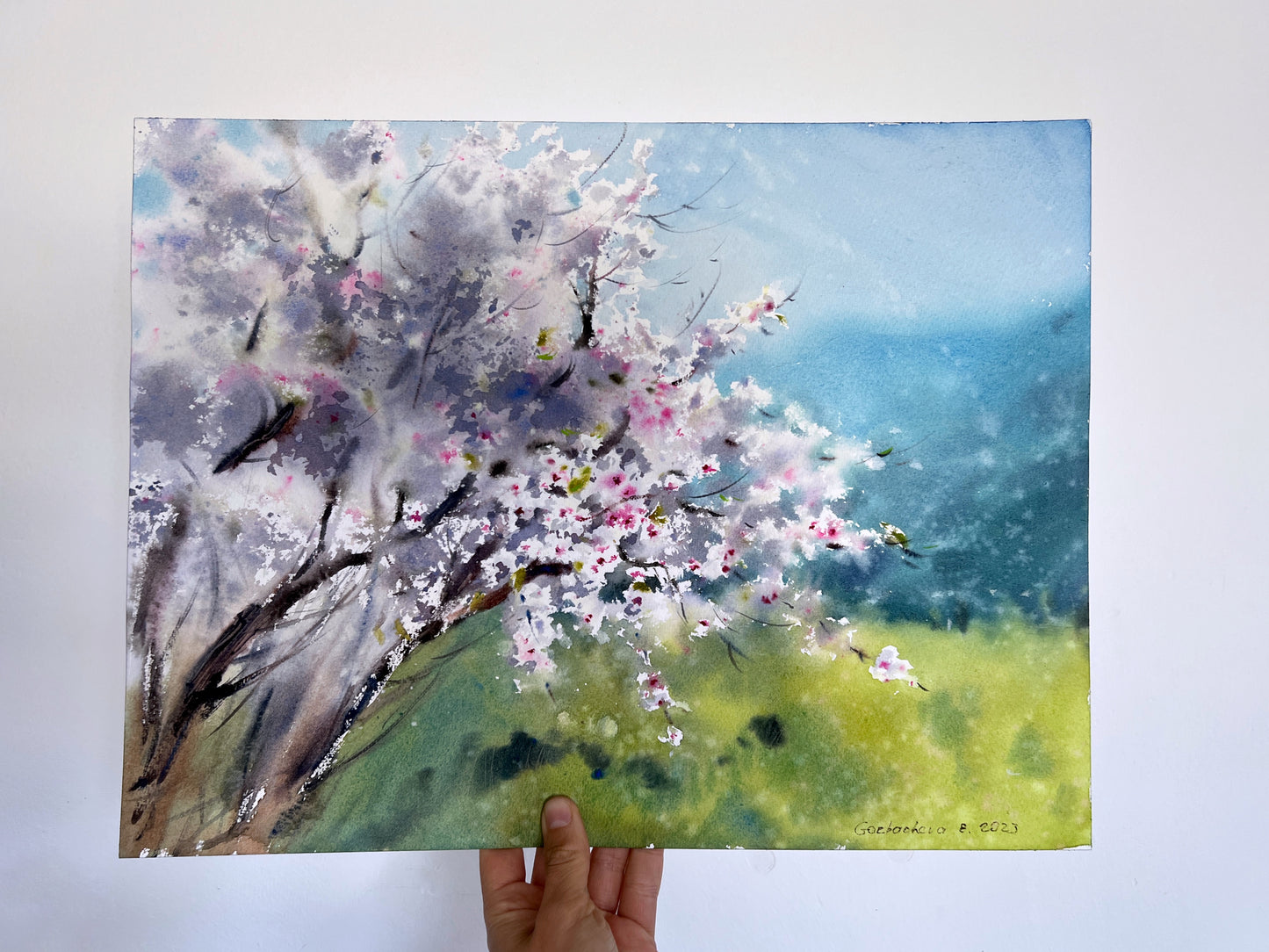 Almond Blossom Painting, Original Watercolor Spring Landscape Artwork, Flora Wall Art Decor, Flower, Blooming Tree