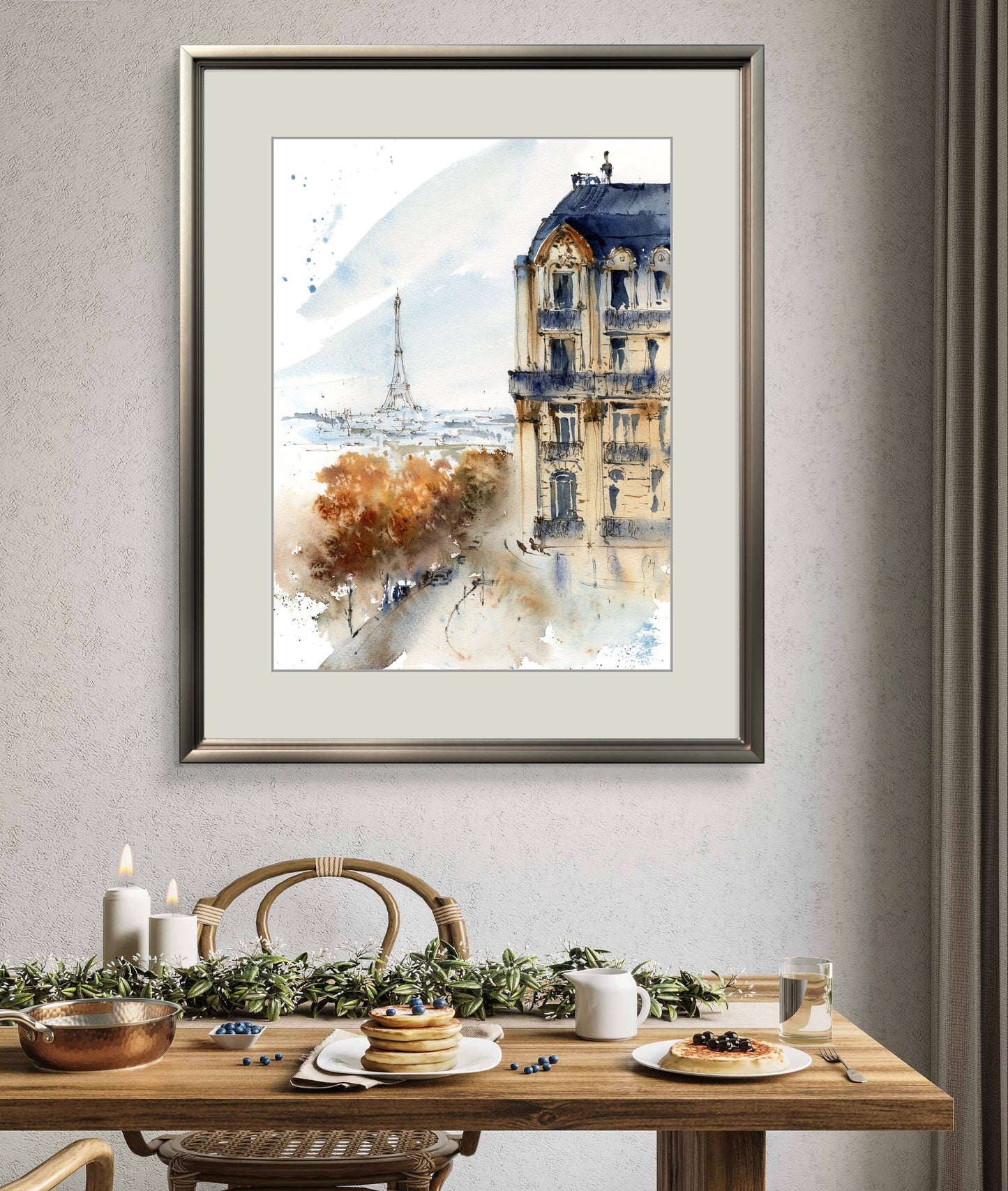 Eiffel Tower Art, Watercolor Paris Street View in Fall, Artistic Home Decoration, Unique Wedding Gift