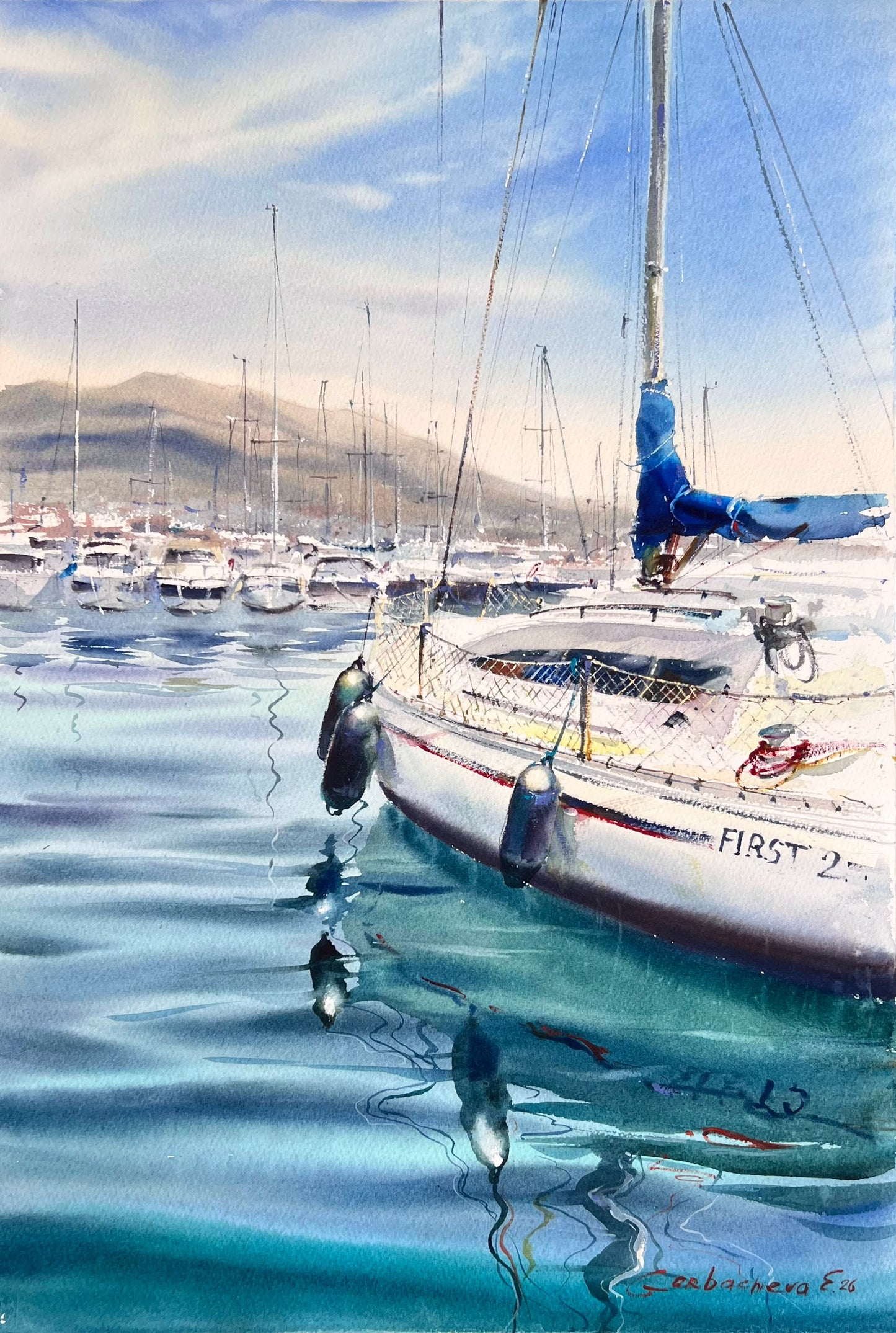 Sailboat Watercolor Painting, Coastal Marina Art, Waiting for the Wind 15x22