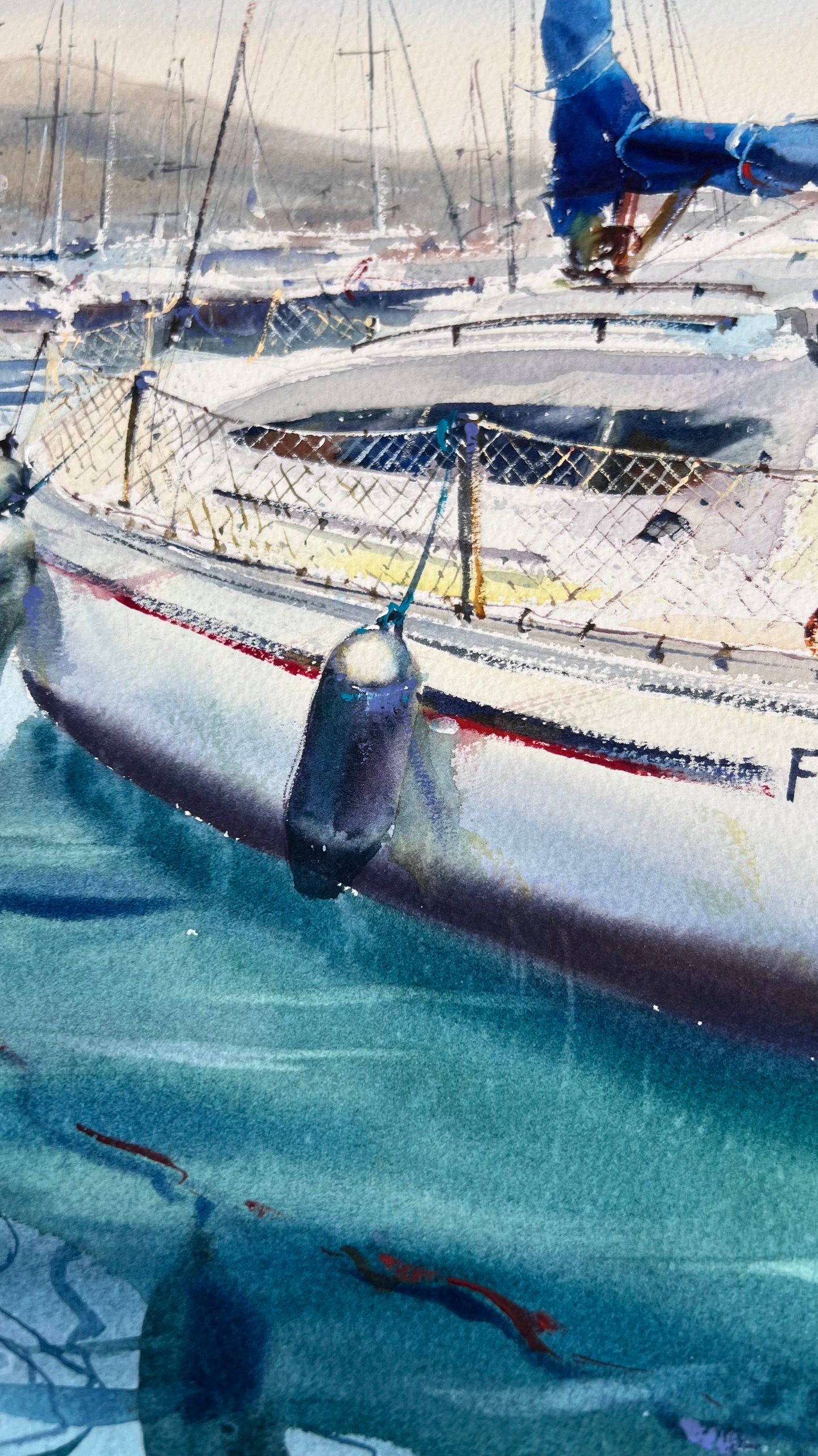 Sailboat Watercolor Painting, Coastal Marina Art, Waiting for the Wind 15x22