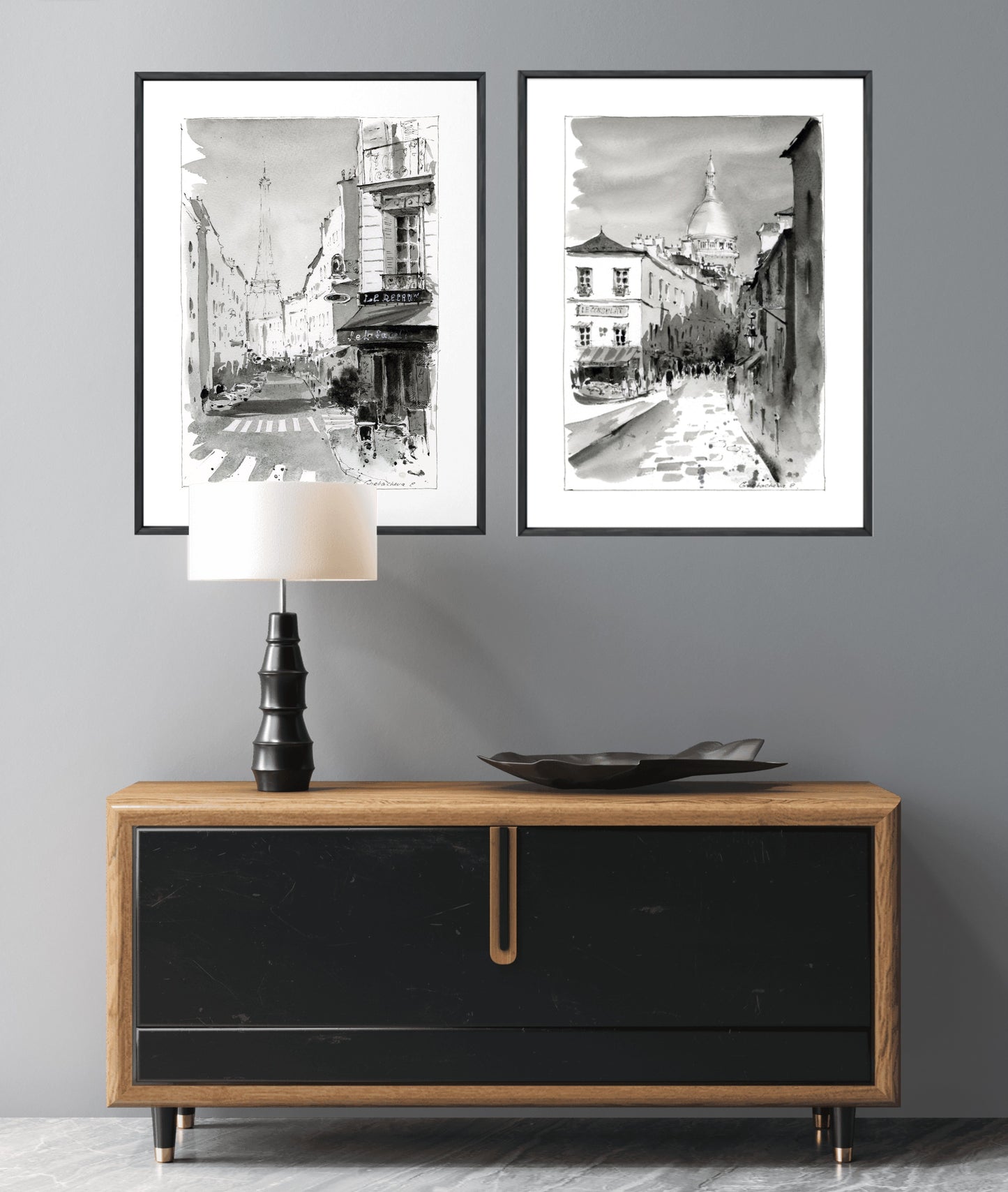 Montmartre Art Set of 2, Black and White Paris Street Prints, Eiffel Tower Wall Decor, French Chic Home Artwork