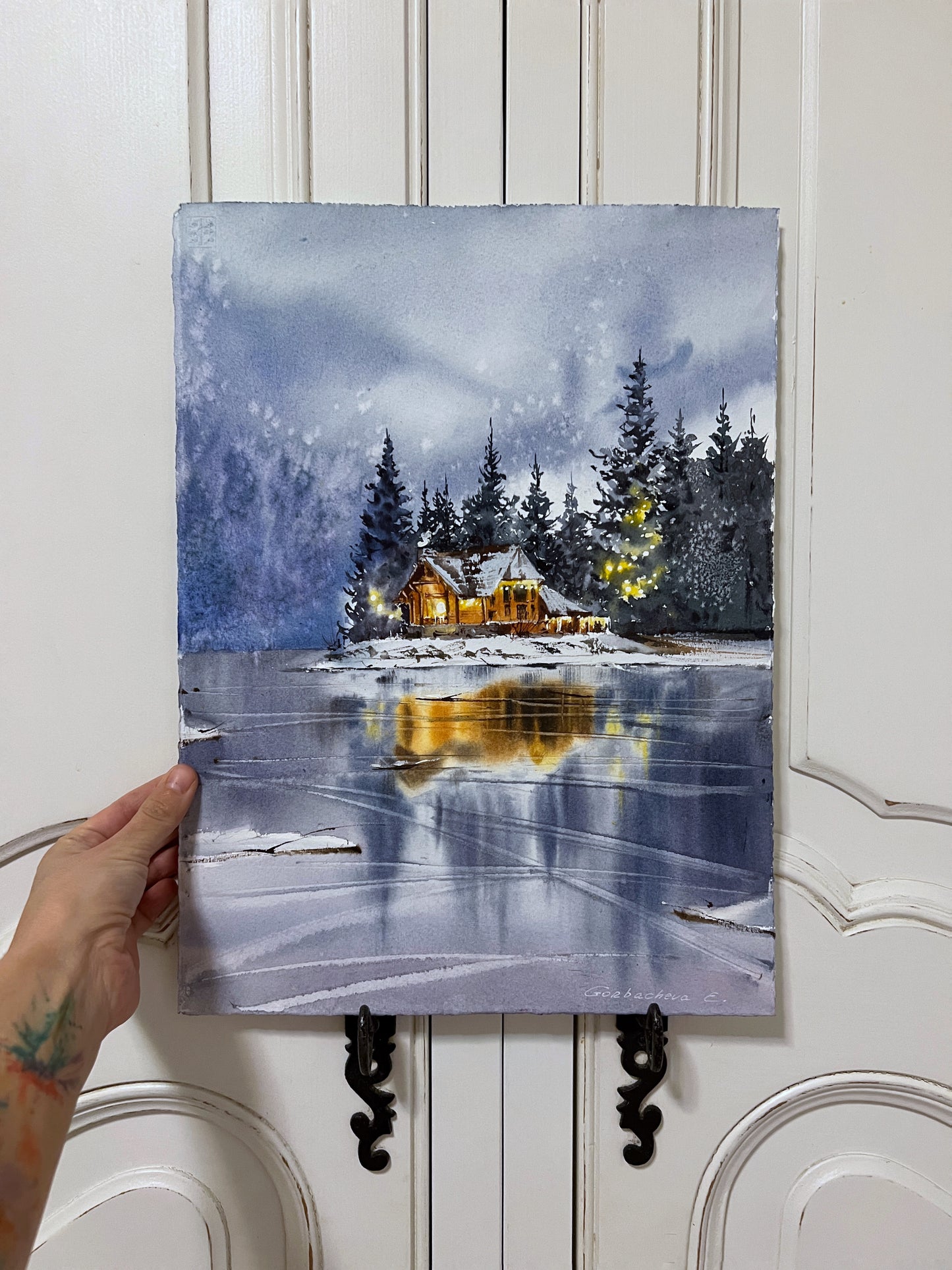 Winter Painting, Small Watercolor Original, Night Sky, Snowy Landscape, Frozen Lake Artwork, Christmas  Gift