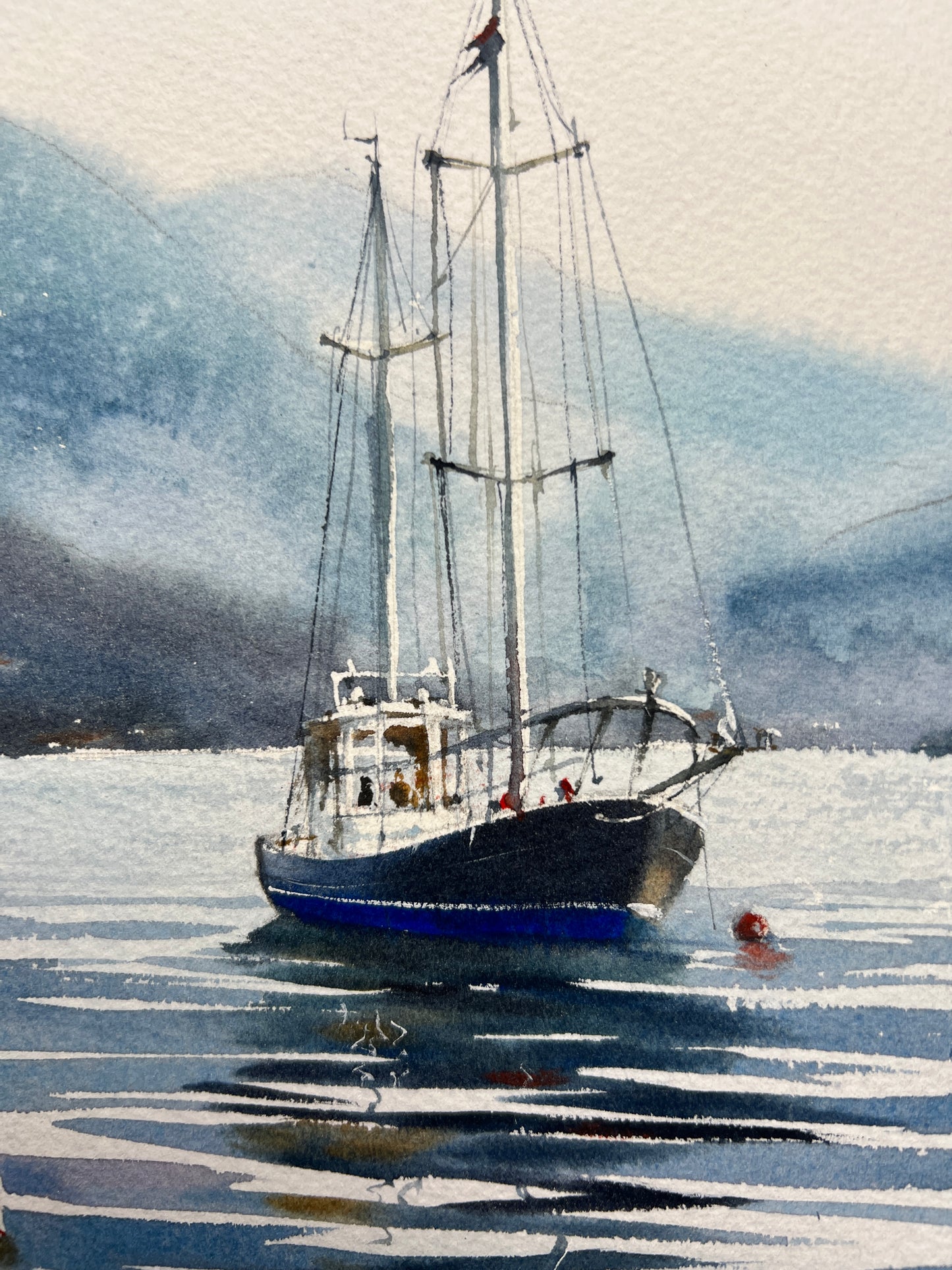 Blue Painting Original, Watercolor Fishing Boat Artwork, Gift for Sailor, Gloomy Sea, Seascape Art