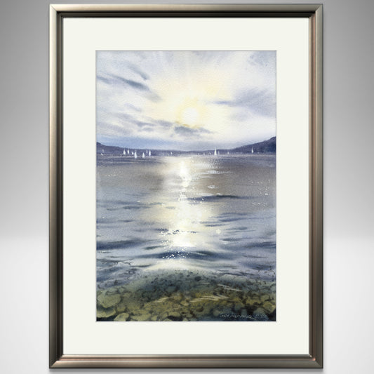 Sunny Path Sea Wall Art, Seascape Print, Watercolor Painting, Underwater Rocks, Yachting Art, Modern Canvas Prints, Gift