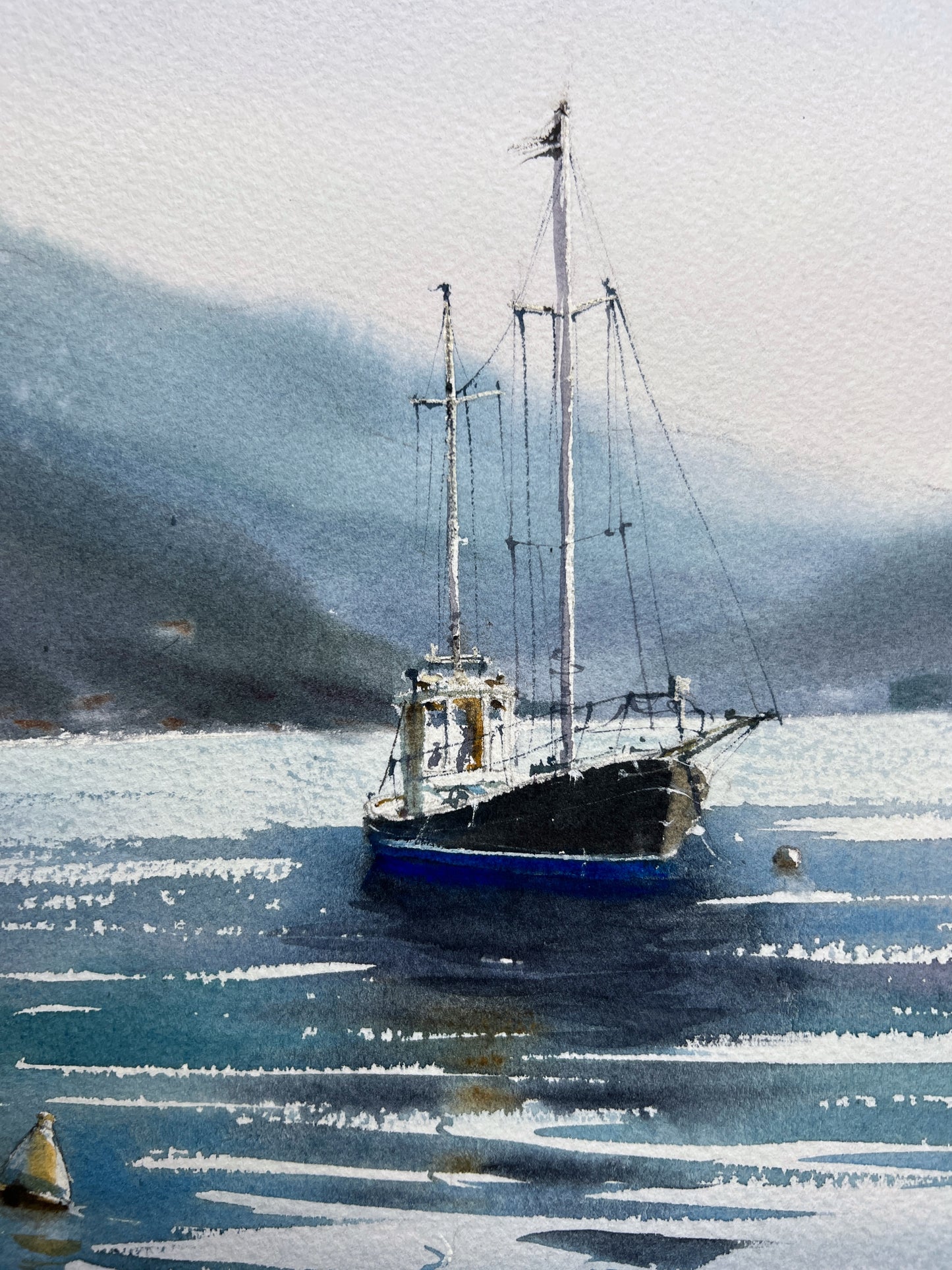 Fishing Trawler Painting Original, Watercolor Nautical Artwork, Gift for Fisherman, Gloomy Sea, Boat Art