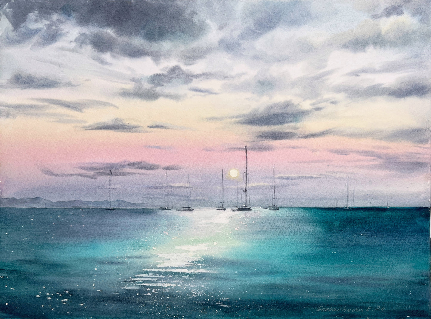 Original Seascape Watercolor Painting - Yachts at sunset #14