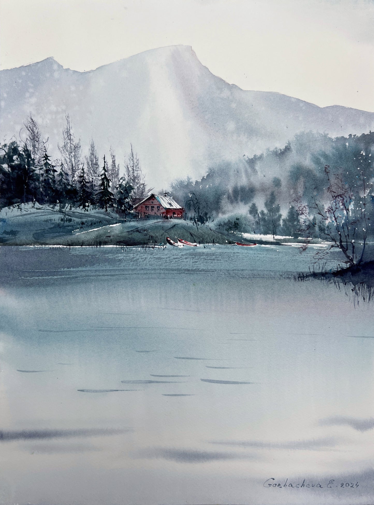 Charming 'House by the Lake' Watercolor Painting with Pop of Red