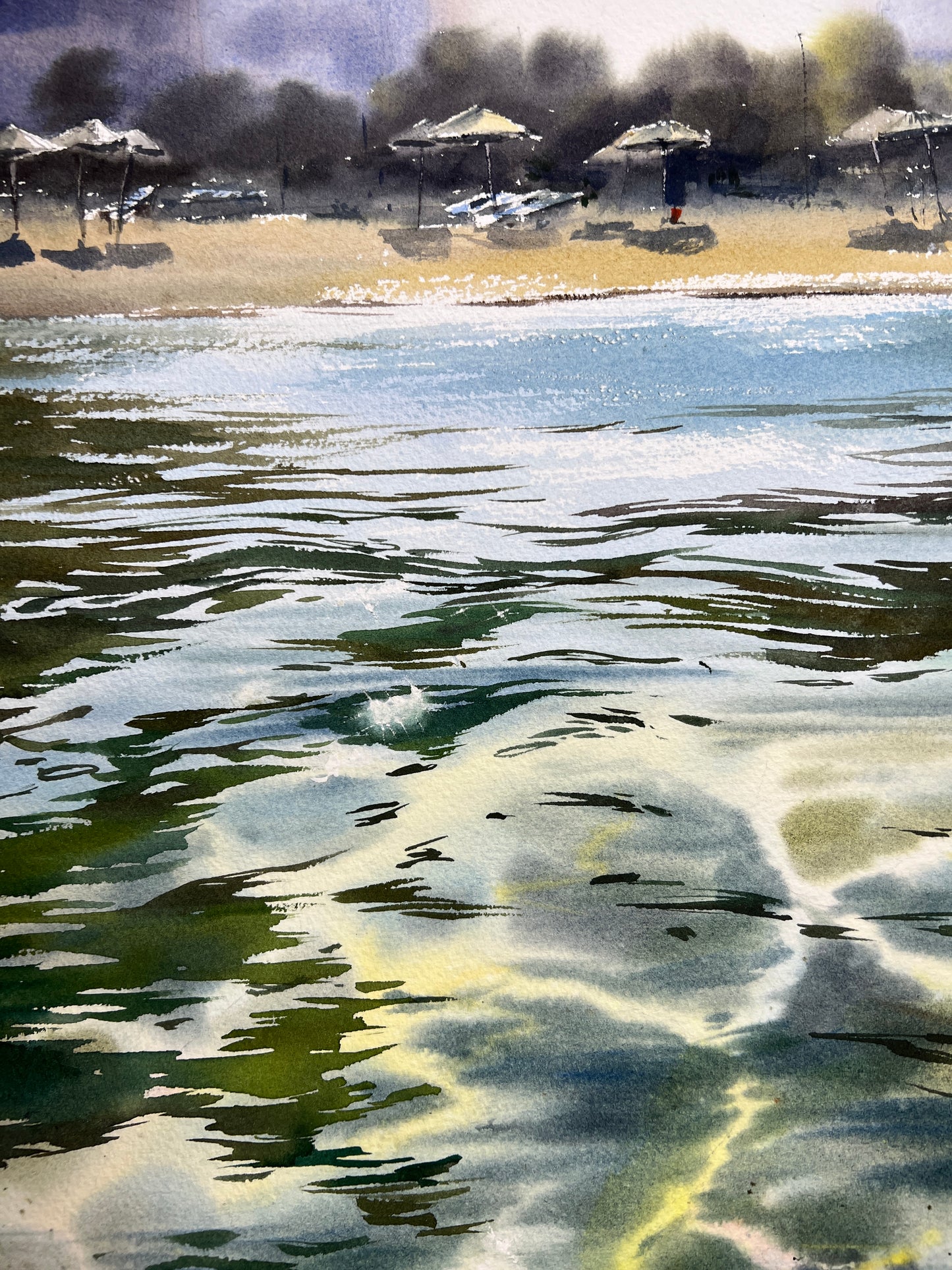 "Beach on the sea coast" Coastal Painting - Hand-Painted Watercolor, Reflective Seascape - 15x20 in