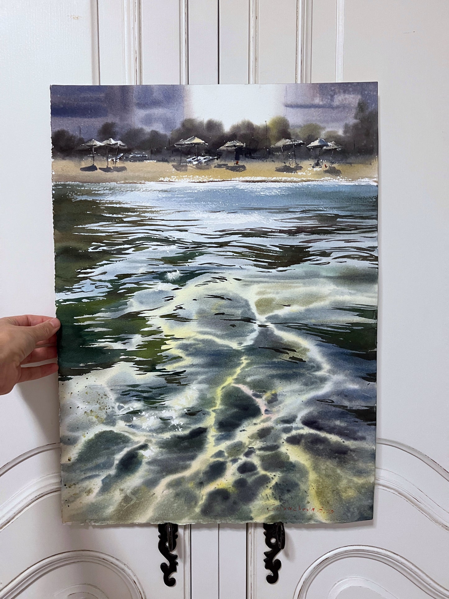 "Beach on the sea coast" Coastal Painting - Hand-Painted Watercolor, Reflective Seascape - 15x20 in