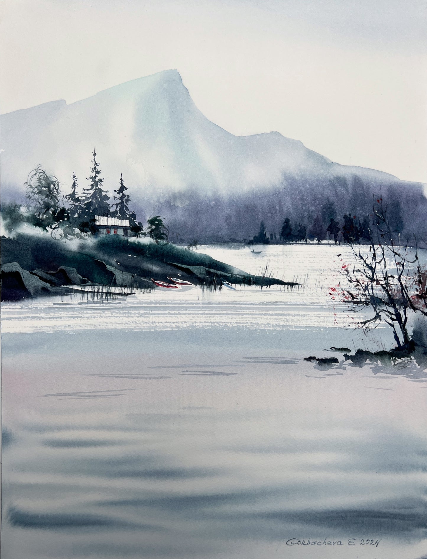 Original Watercolor Painting House by the Lake #2 - Monochrome Mountain Landscape Art