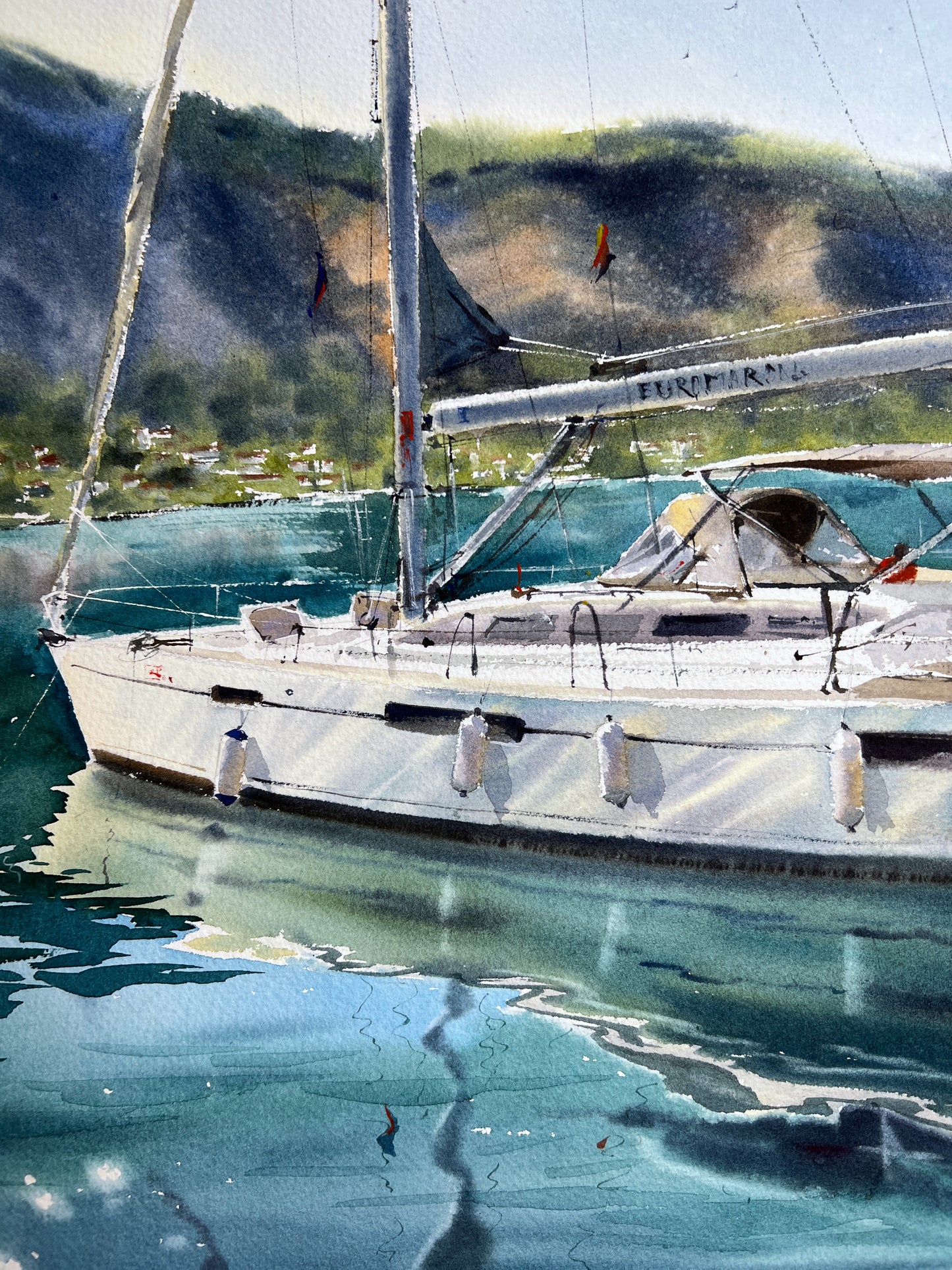 Painting Watercolor Original - Yacht on the pier. Montenegro - 15x22in