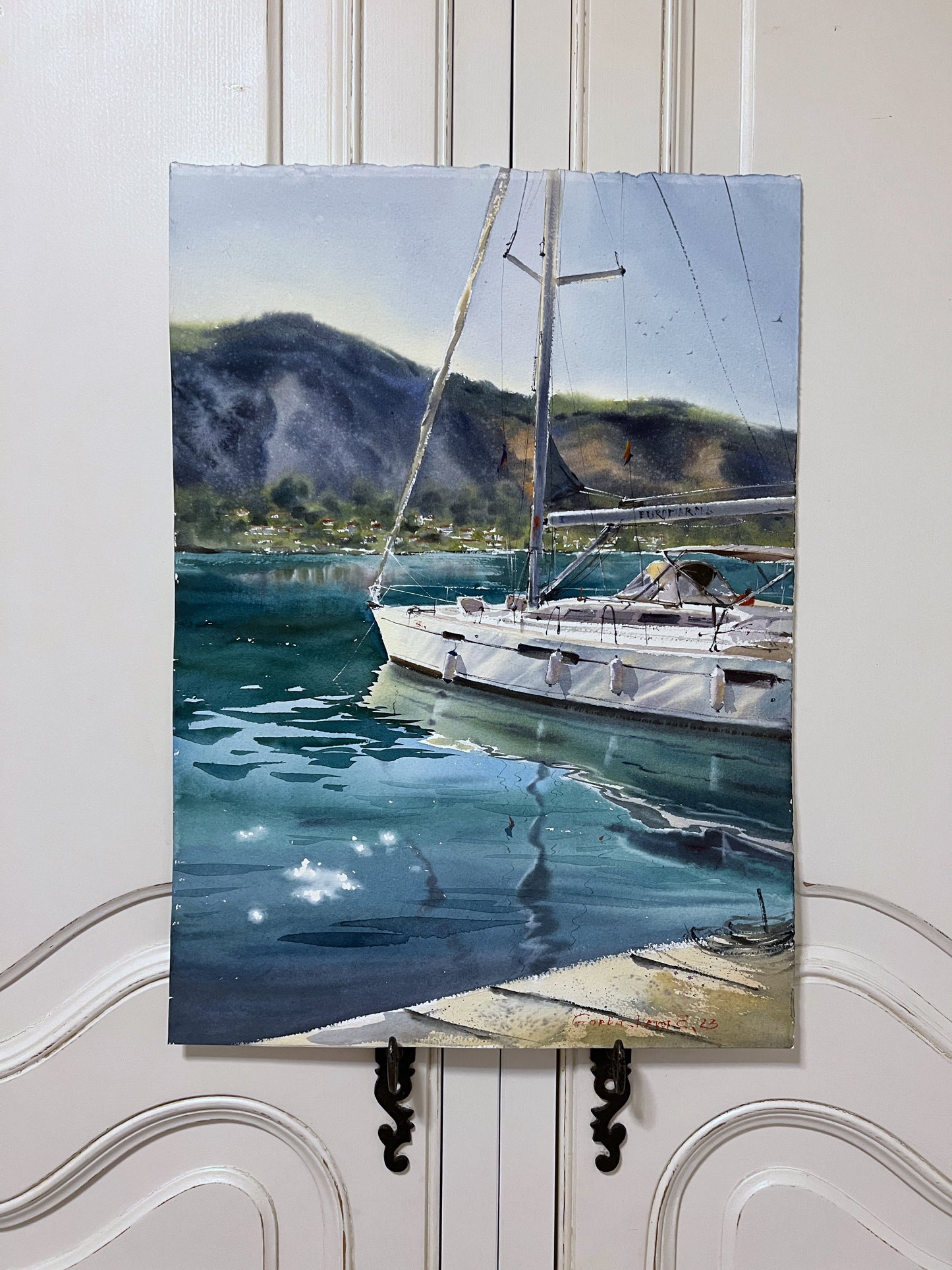 Painting Watercolor Original - Yacht on the pier. Montenegro - 15x22in