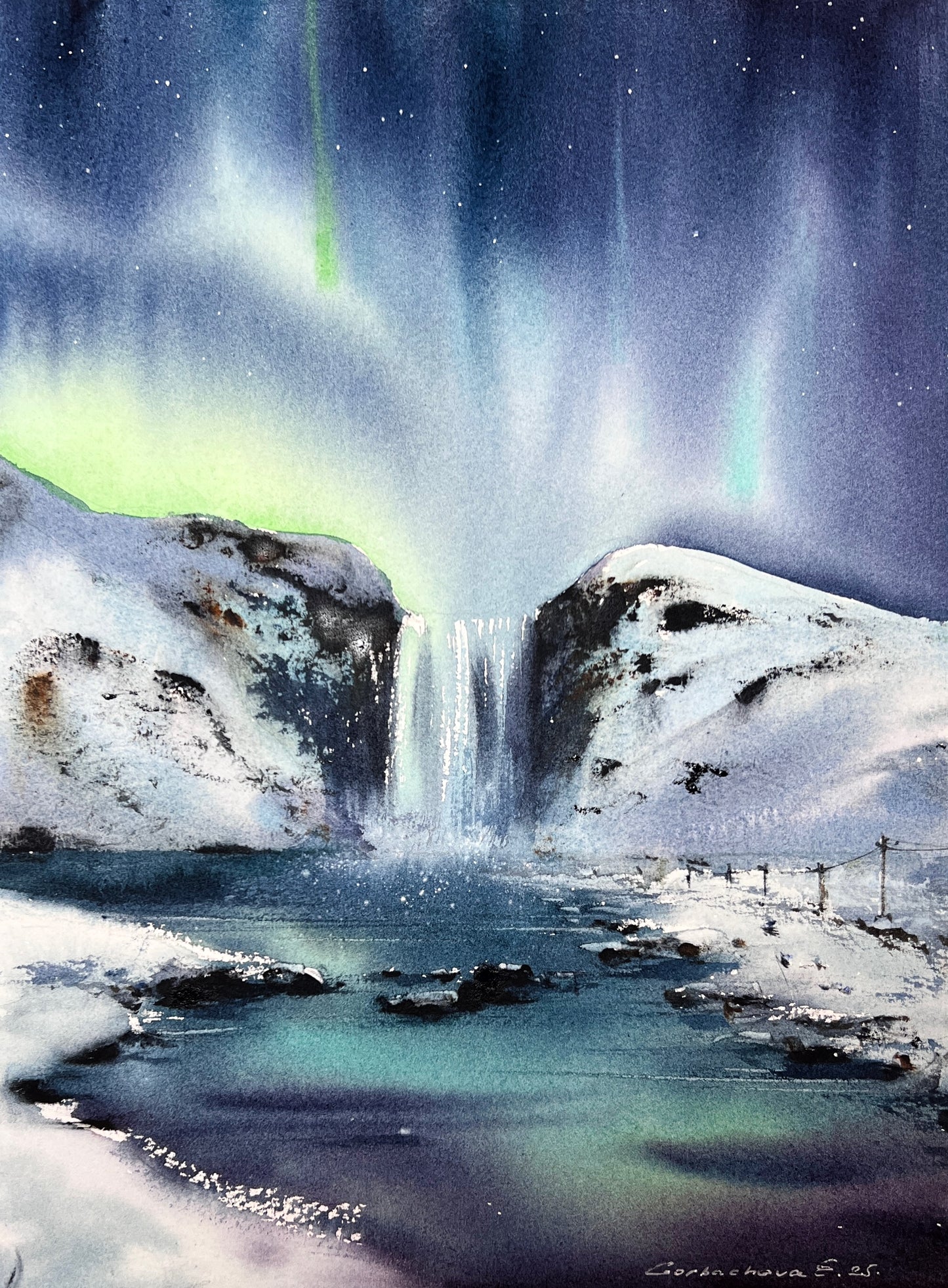 Northern Lights Waterfall Painting, Original Winter Landscape Watercolor Painting, Polar Night Jewel 9x12