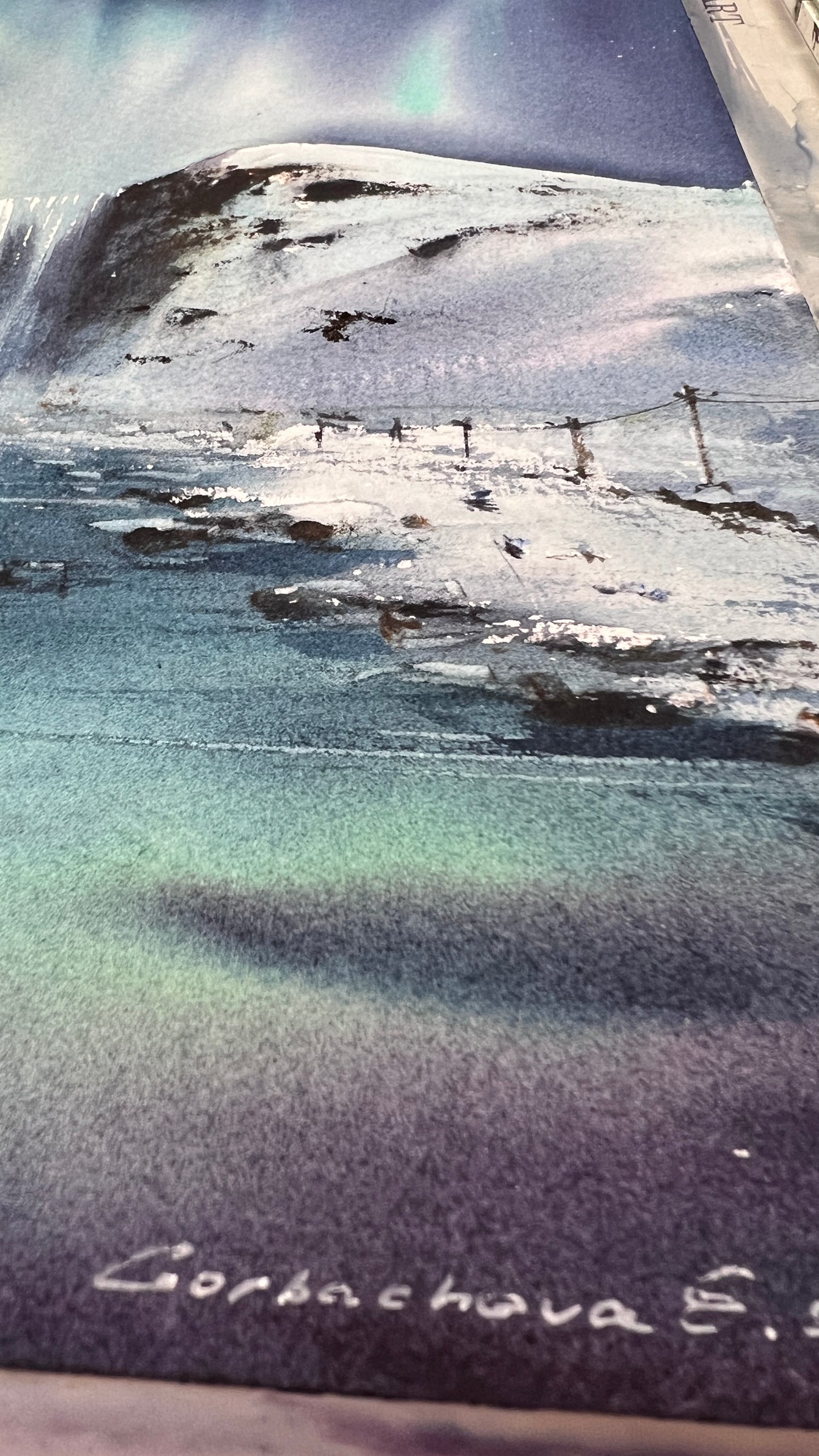 Northern Lights Waterfall Painting, Original Winter Landscape Watercolor Painting, Polar Night Jewel 9x12