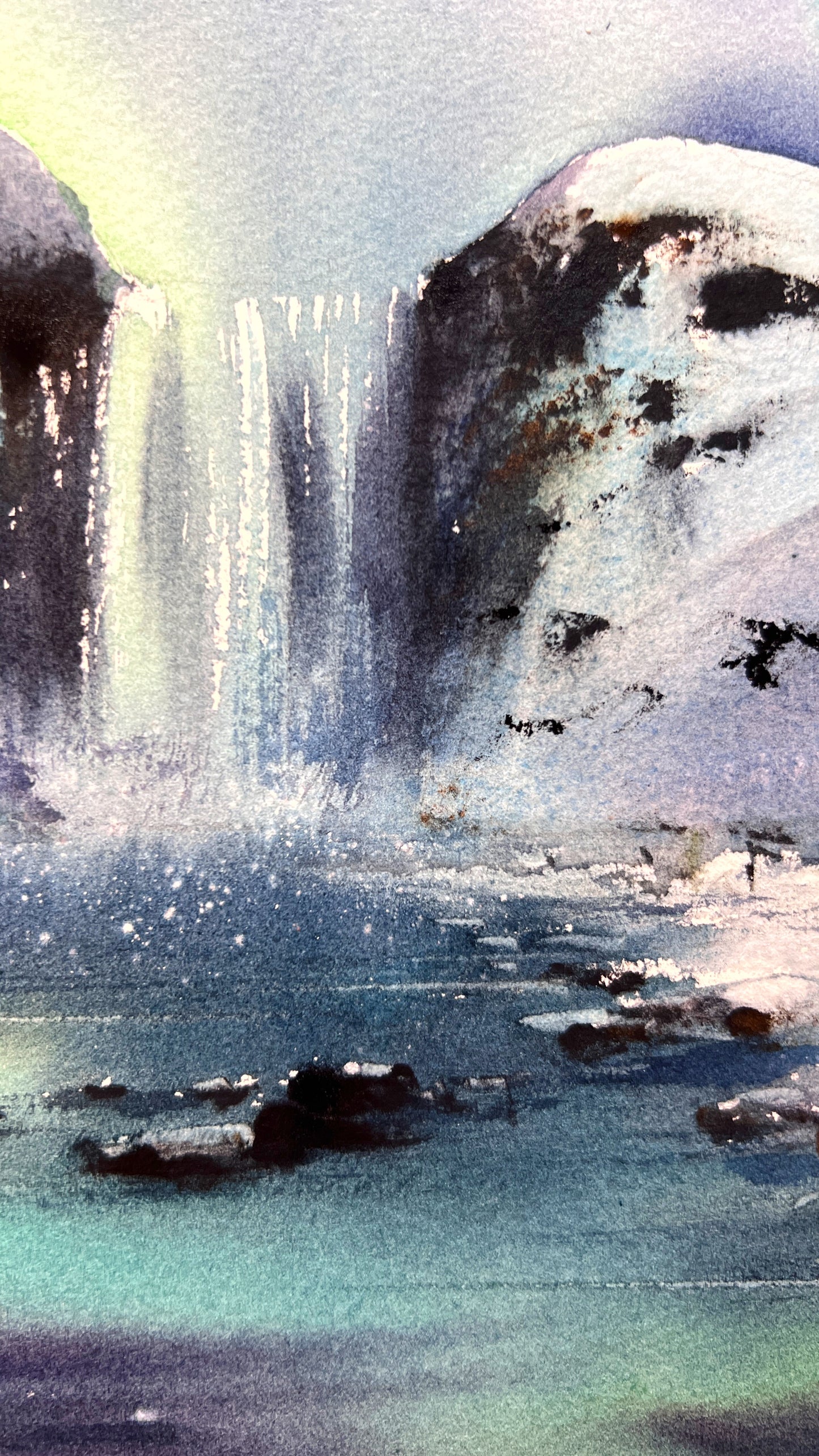 Northern Lights Waterfall Painting, Original Winter Landscape Watercolor Painting, Polar Night Jewel 9x12