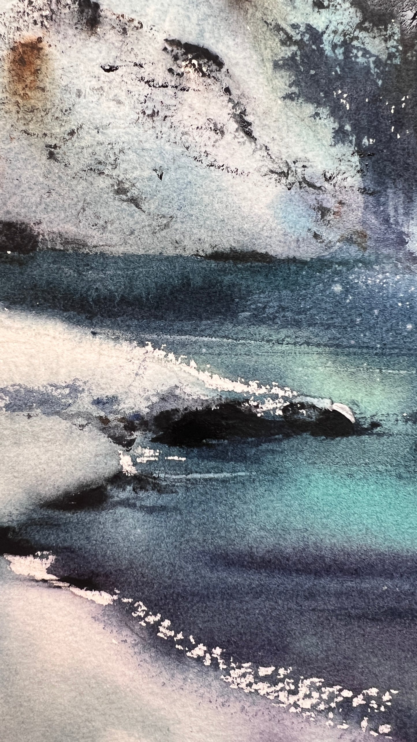 Northern Lights Waterfall Painting, Original Winter Landscape Watercolor Painting, Polar Night Jewel 9x12