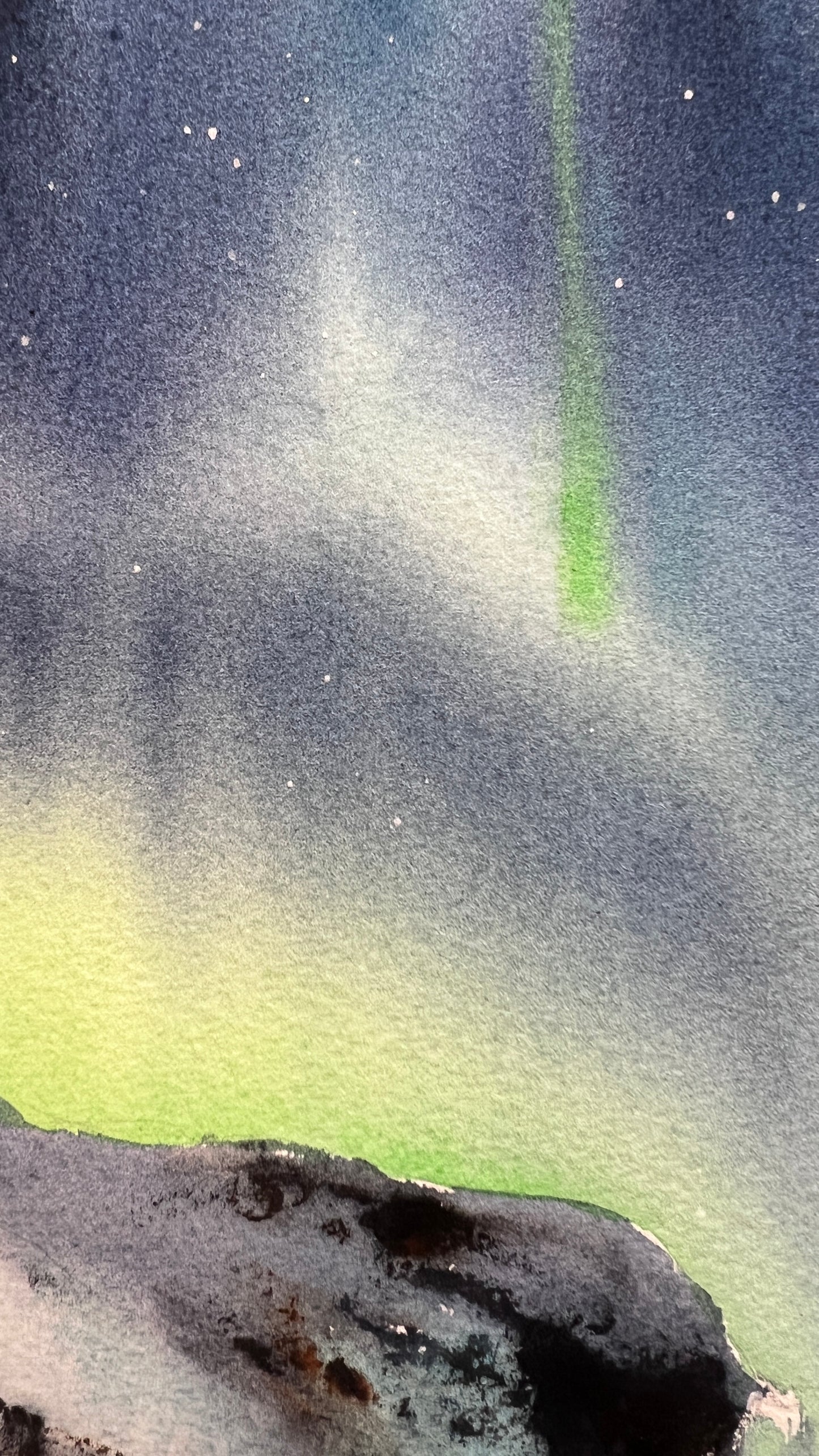 Northern Lights Waterfall Painting, Original Winter Landscape Watercolor Painting, Polar Night Jewel 9x12
