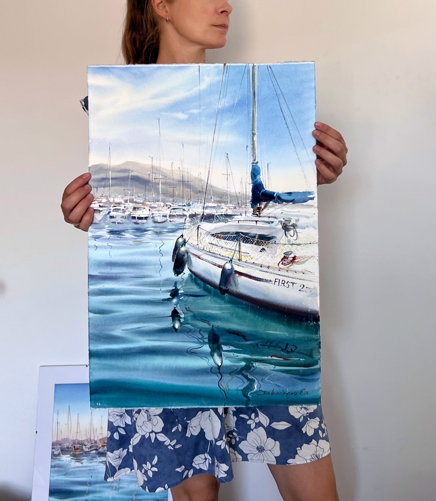 Sailboat Watercolor Painting, Coastal Marina Art, Waiting for the Wind 15x22