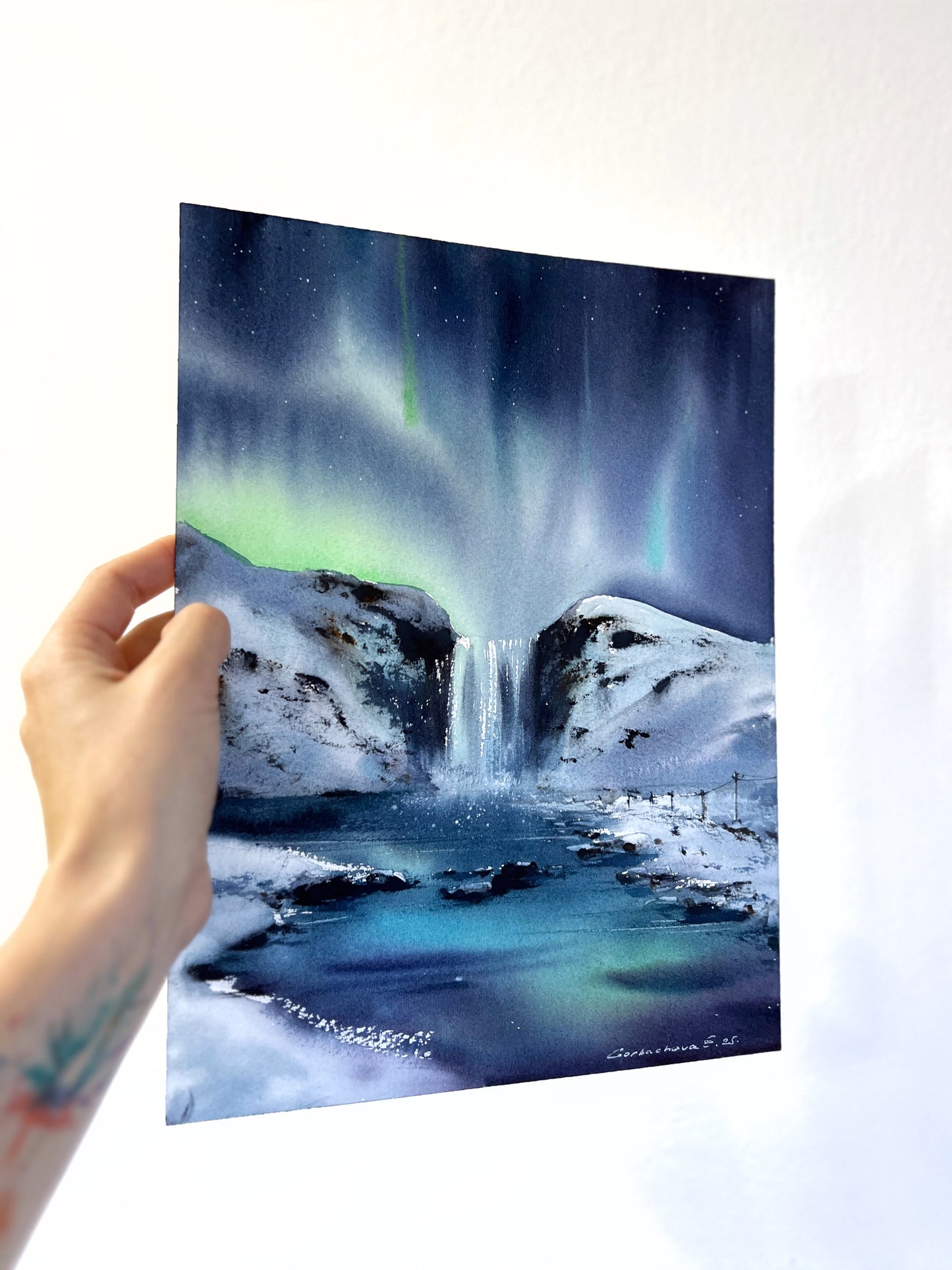 Northern Lights Waterfall Painting, Original Winter Landscape Watercolor Painting, Polar Night Jewel 9x12