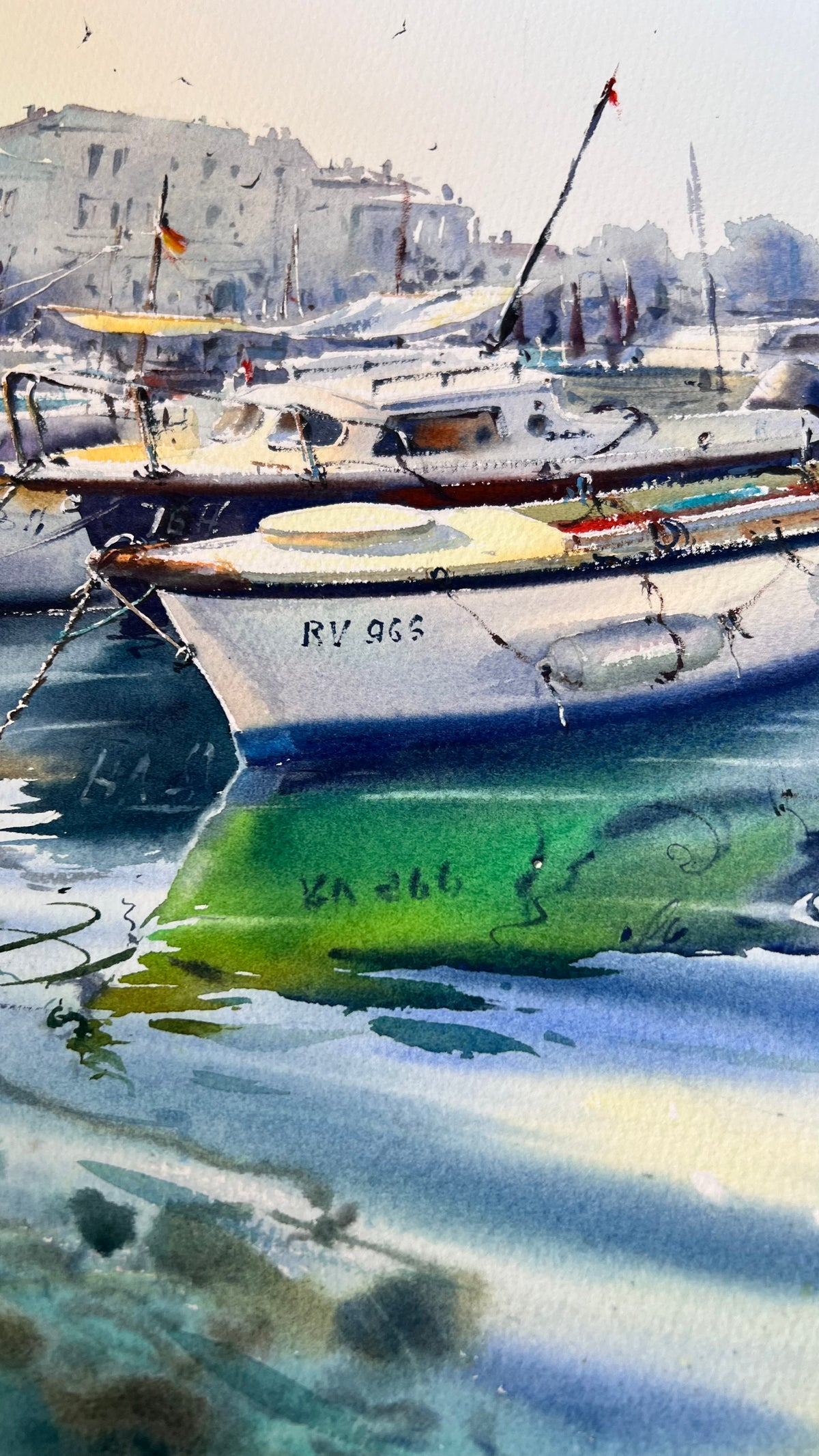 Croatia Harbor Watercolor Painting, Sailing Boats, A Quiet Croatian Harbor 16x22