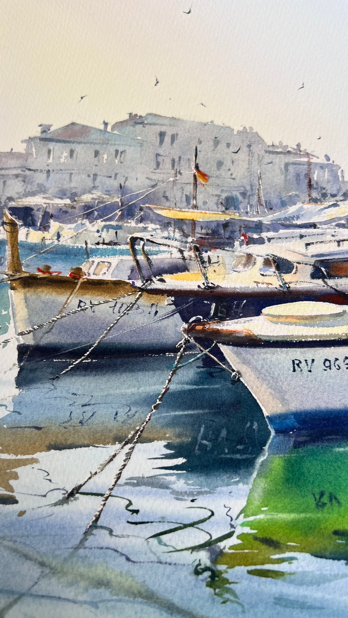 Croatia Harbor Watercolor Painting, Sailing Boats, A Quiet Croatian Harbor 16x22