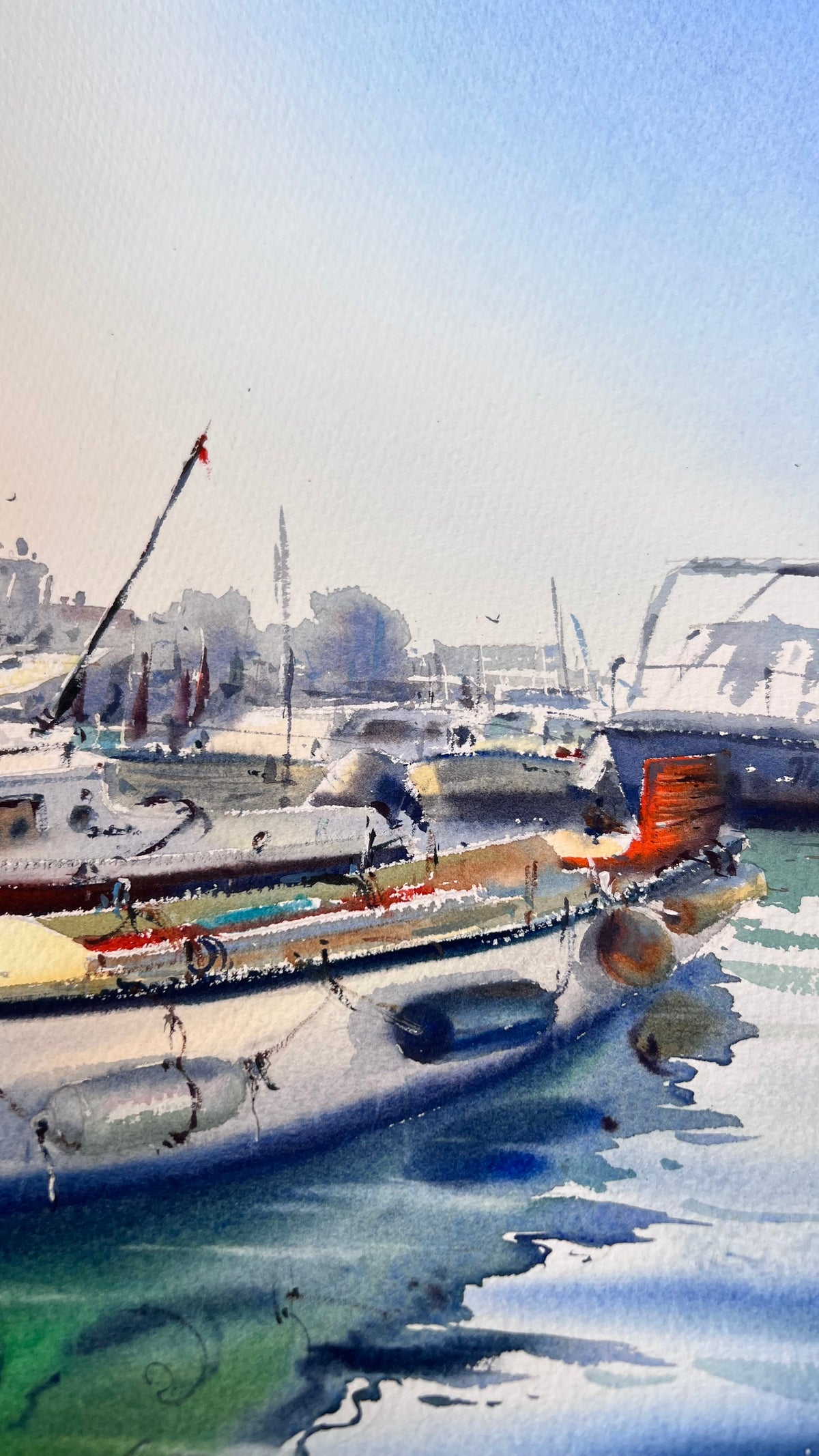 Croatia Harbor Watercolor Painting, Sailing Boats, A Quiet Croatian Harbor 16x22