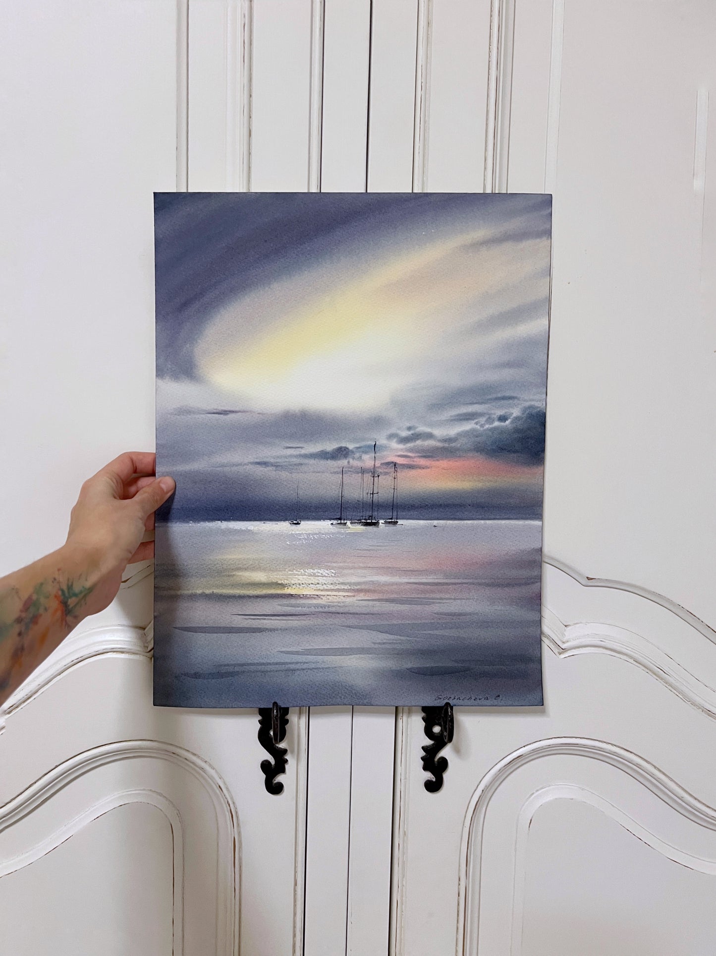 Cloud Yacht Painting Original Watercolor - Yachts at sea at dawn #2