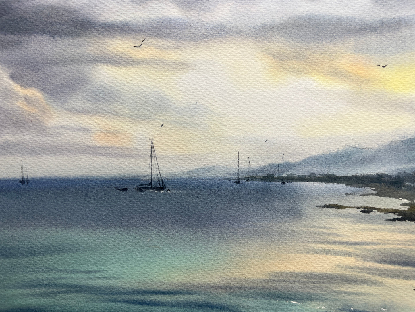 Seaview Painting Watercolour Original - Yachts at sea #20