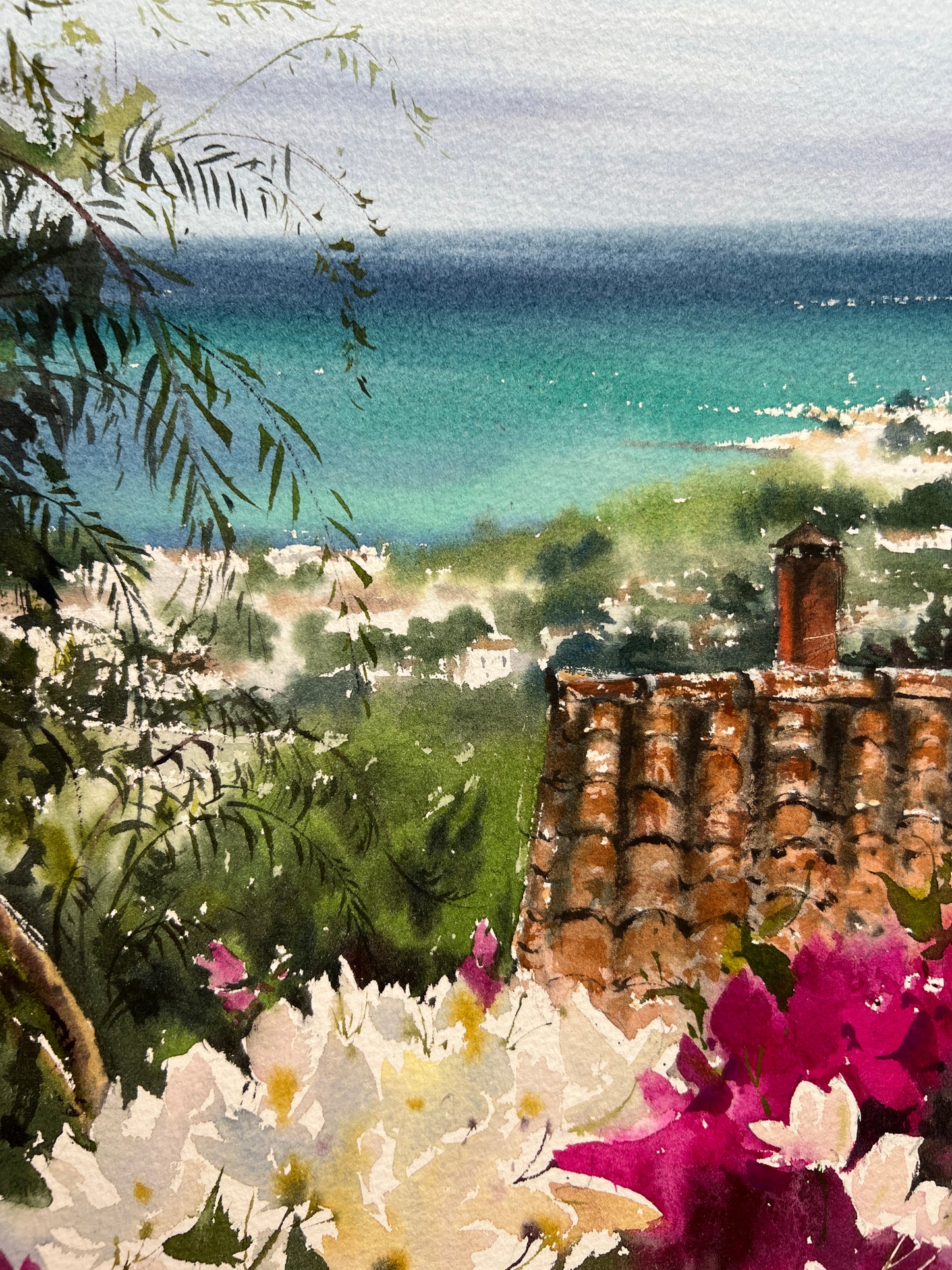 Original Watercolor Painting, Greek Coastal Wall Art, Travel Gift - Lapta Cyprus