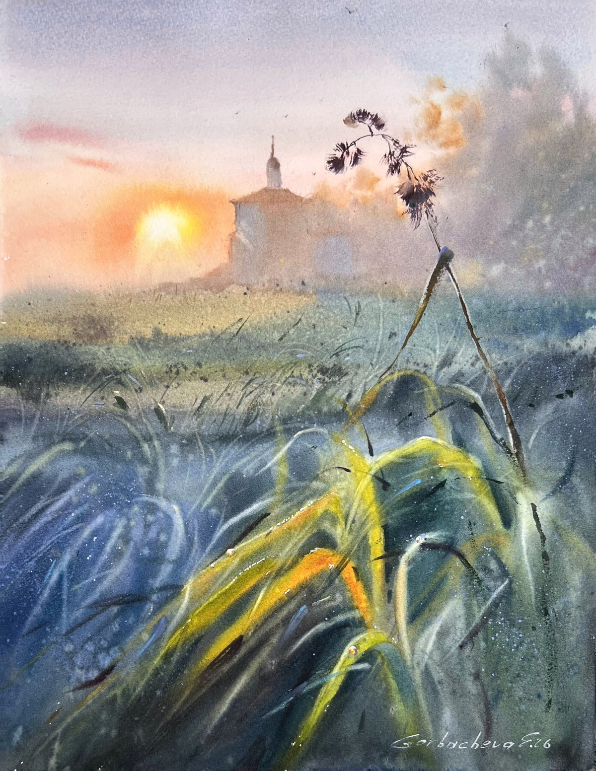 Moody Countryside Watercolor Painting, Sunset Landscape Art, The Evening Meadow 12x16