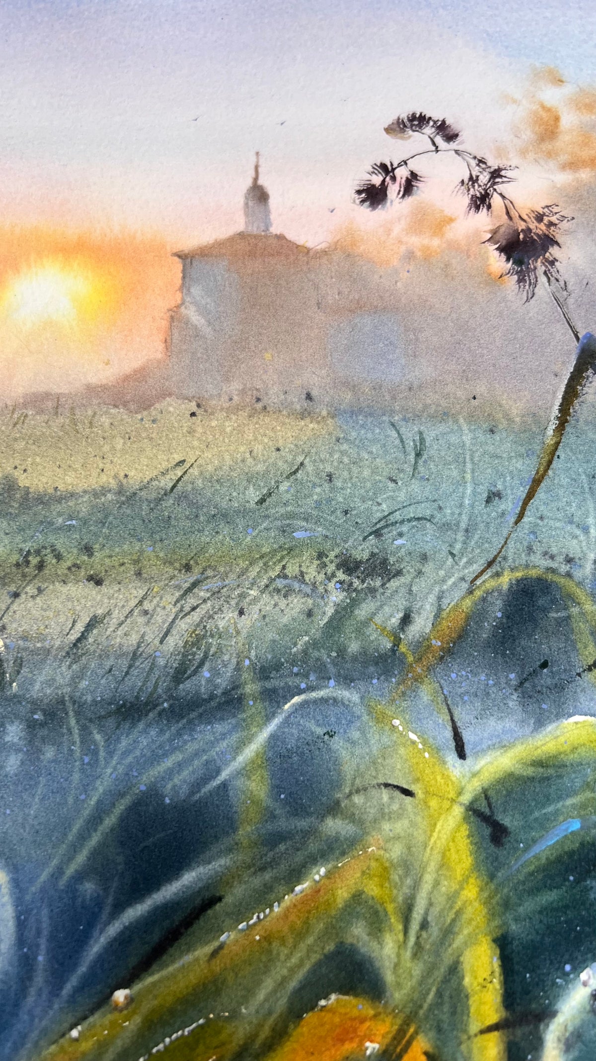 Moody Countryside Watercolor Painting, Sunset Landscape Art, The Evening Meadow 12x16