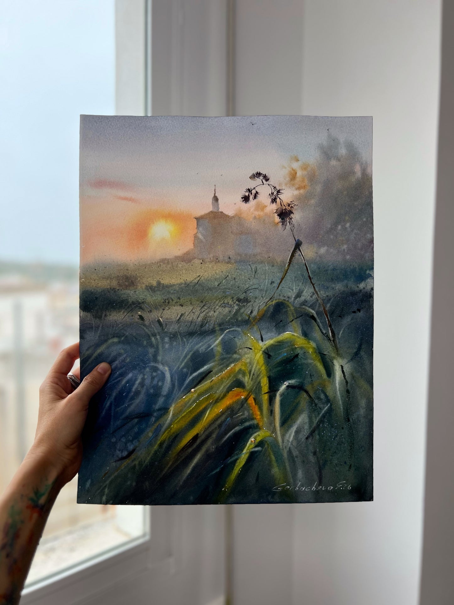 Moody Countryside Watercolor Painting, Sunset Landscape Art, The Evening Meadow 12x16