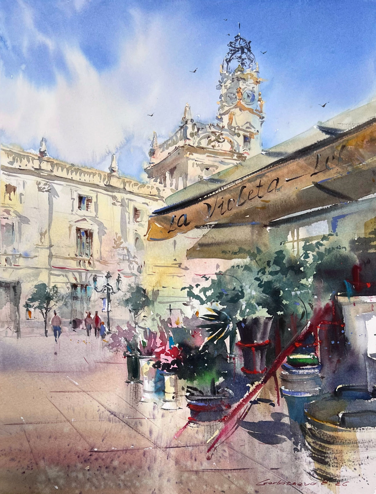Valencia Spain Watercolor Painting, Spanish Cityscape Art, Valencia in Bloom 12x16