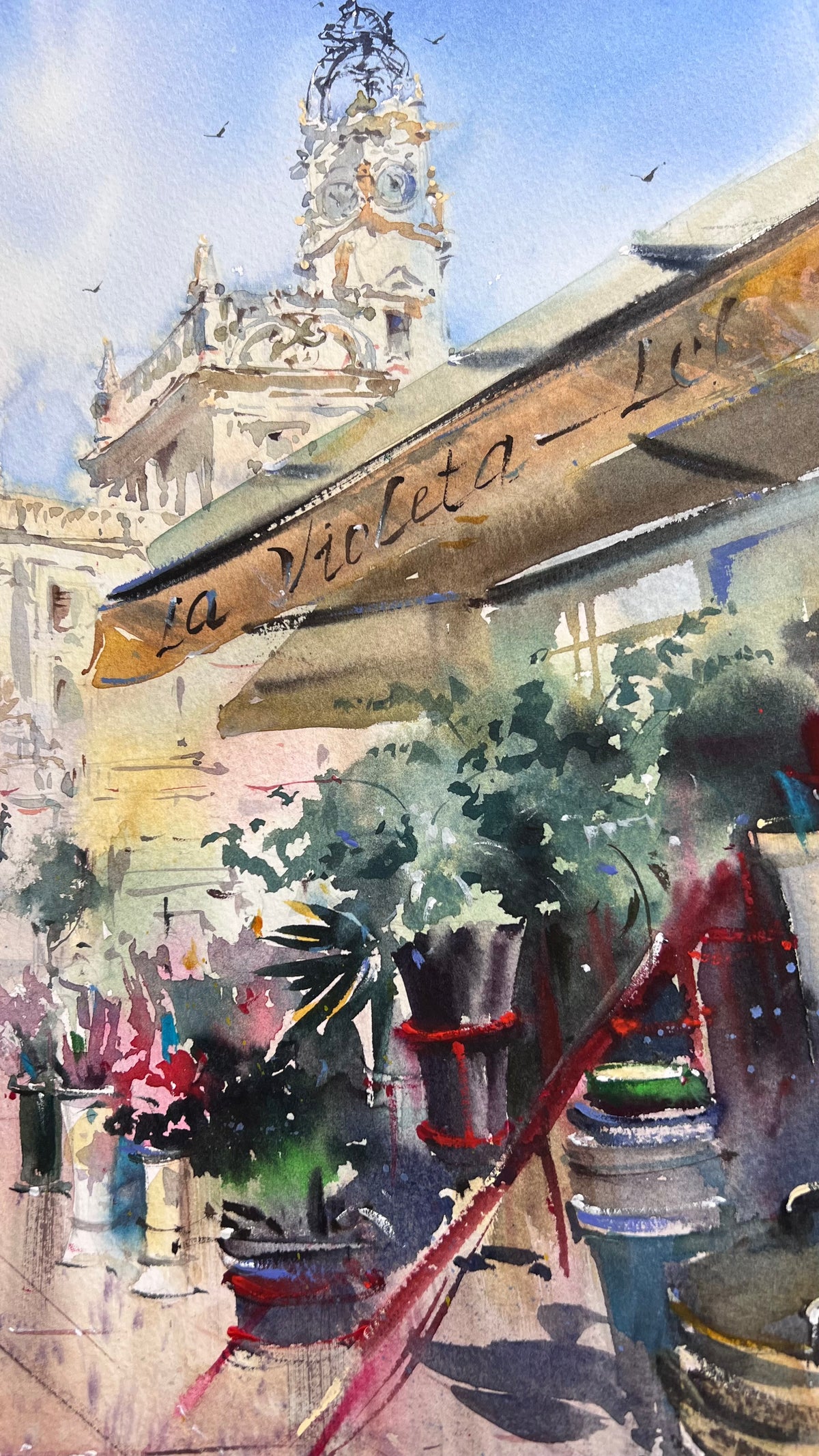 Valencia Spain Watercolor Painting, Spanish Cityscape Art, Valencia in Bloom 12x16