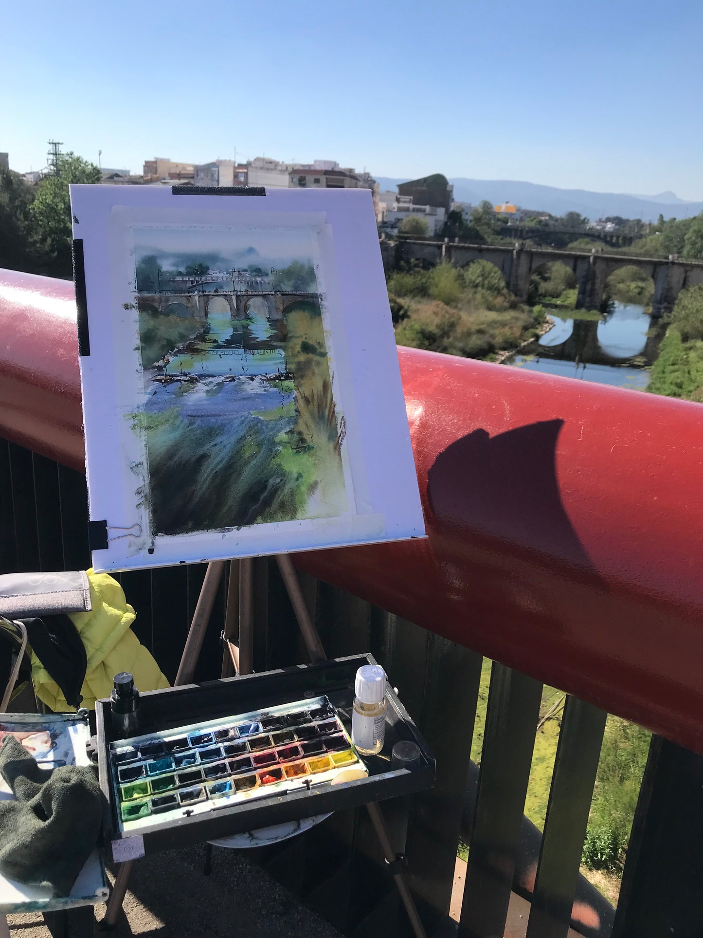 Spain Watercolor Landscape Bridge River Painting Original Art, Bridge of Quiet Waters Spain 9x15