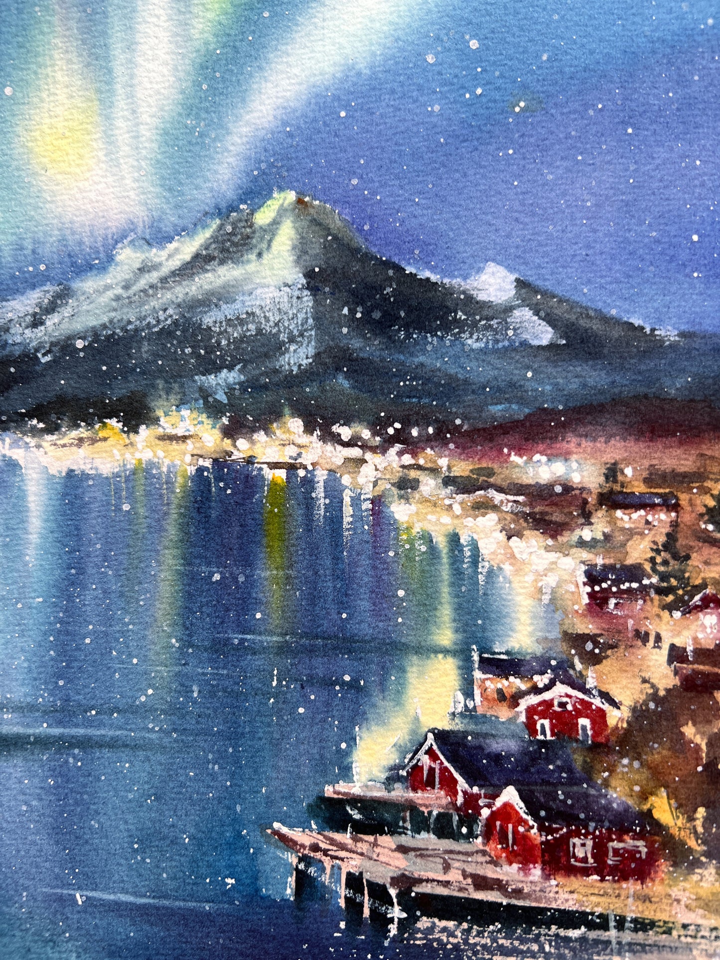 Lofoten Islands Painting Original, Red House Wall Art Decor, Watercolor Winter Landscape, Norway Village, Gift