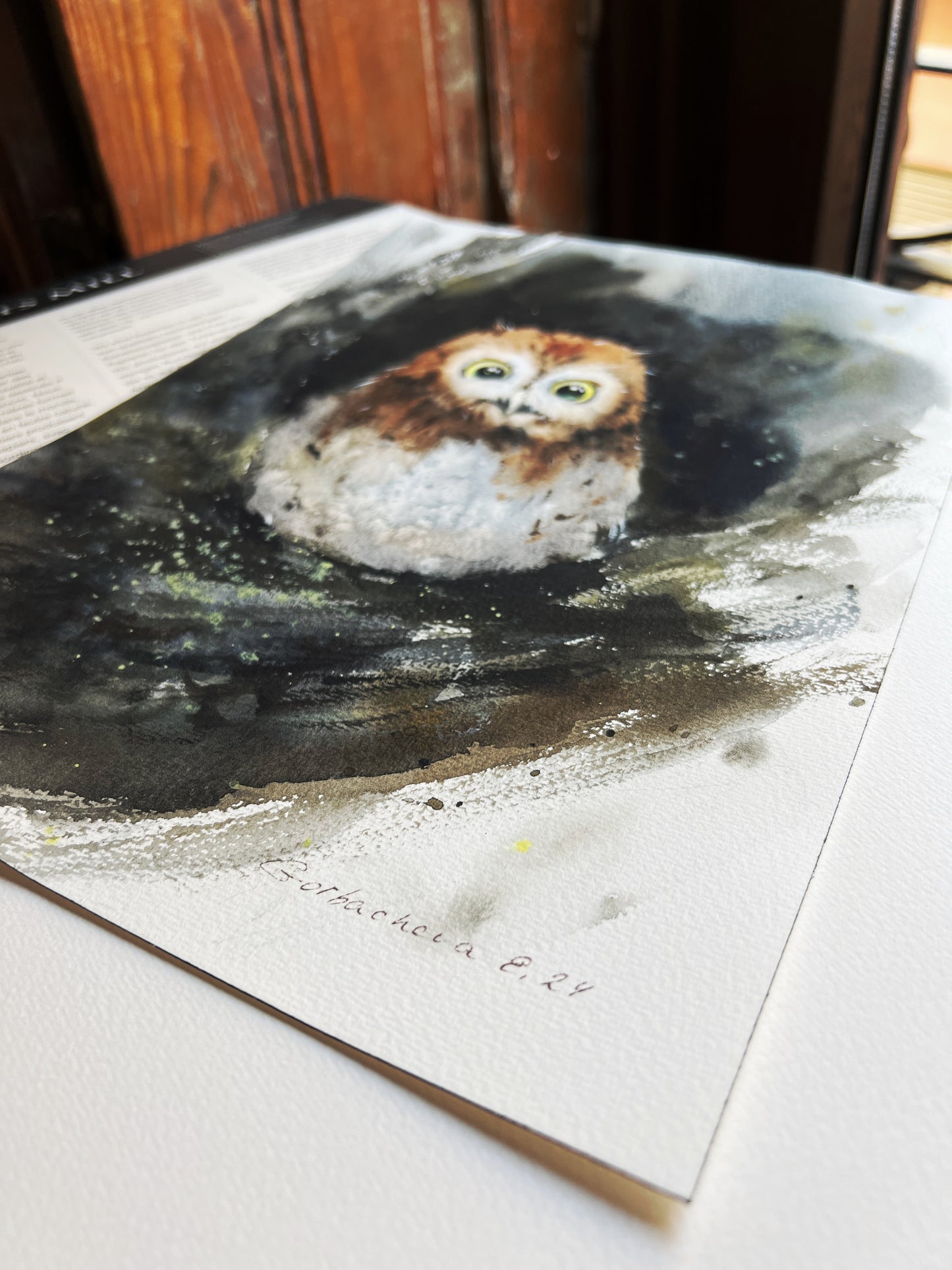 Watercolor Painting, Small Original Artwork - Owl in a hollow