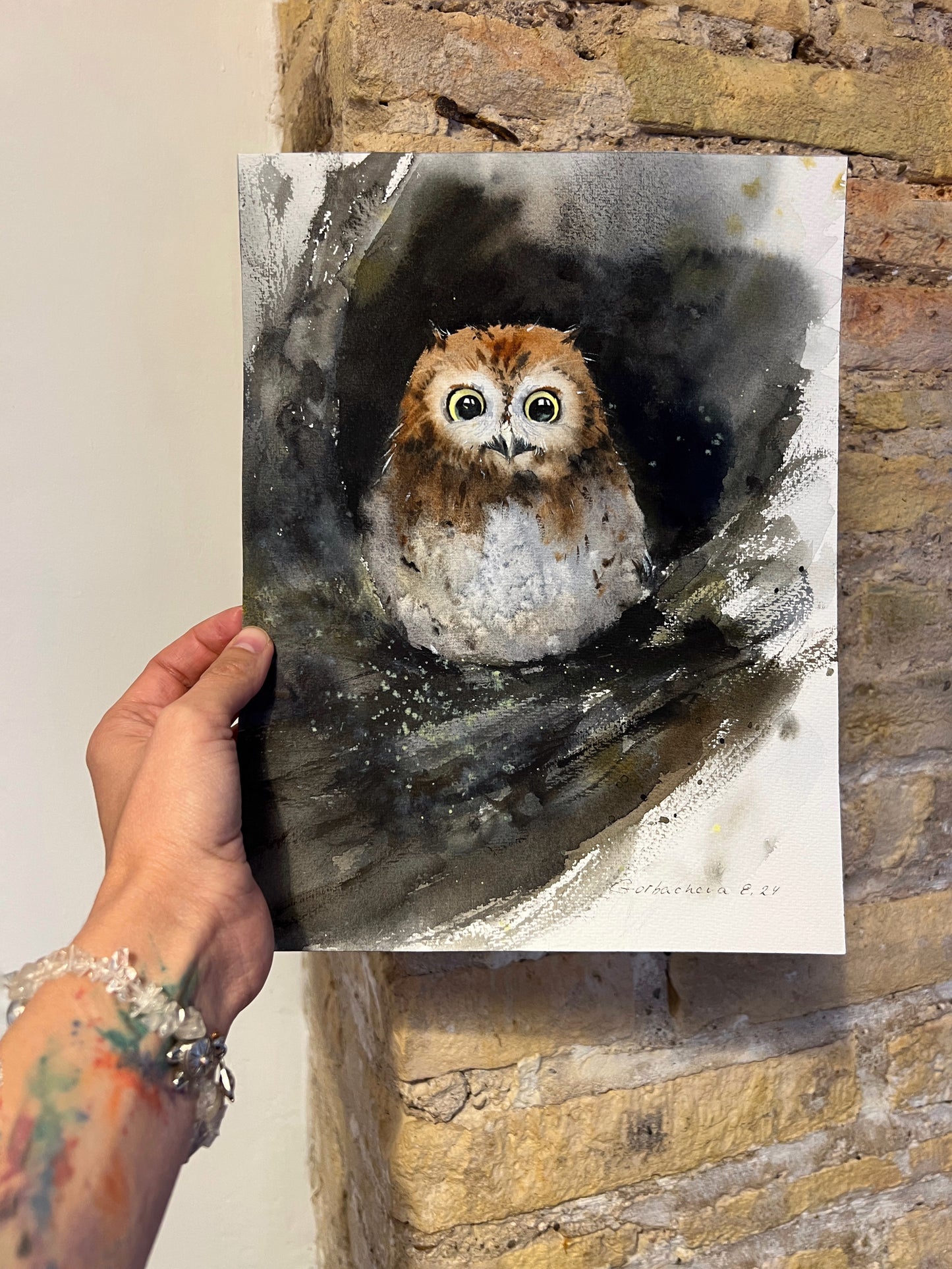 Watercolor Painting, Small Original Artwork - Owl in a hollow