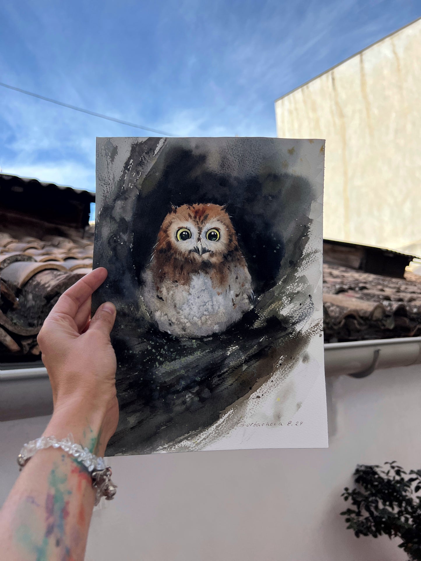 Watercolor Painting, Small Original Artwork - Owl in a hollow