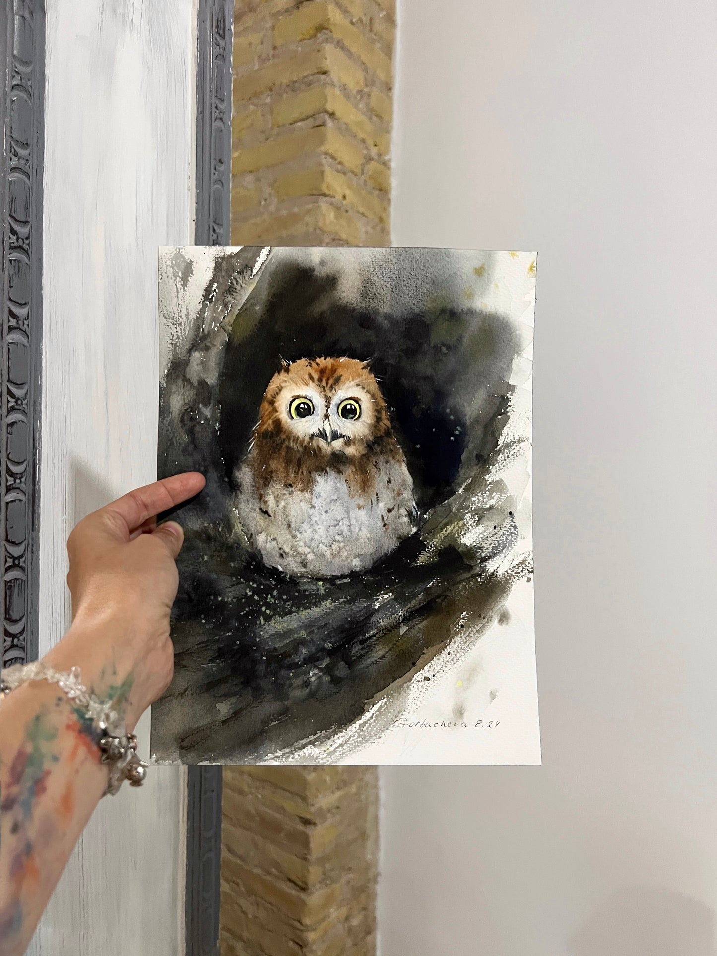 Watercolor Painting, Small Original Artwork - Owl in a hollow