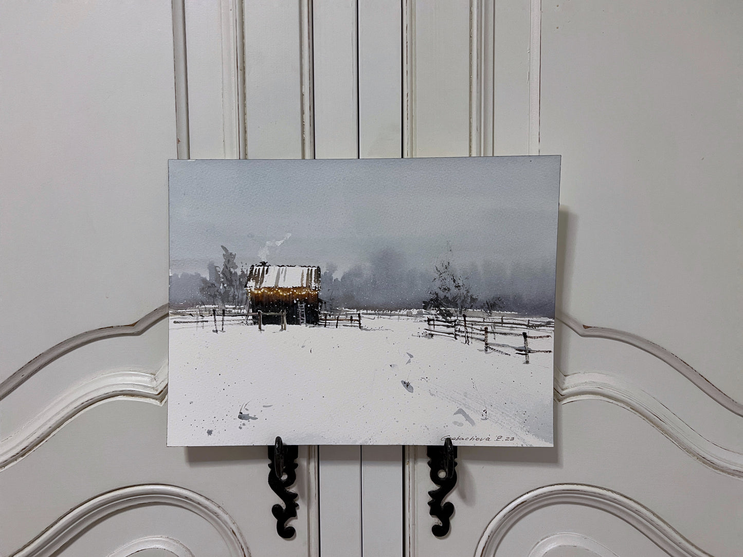 Winter Rural Small Painting, Original Watercolor Artwork, Christmas Morning, New Year Gift & Art Decor, Snowy Landscape