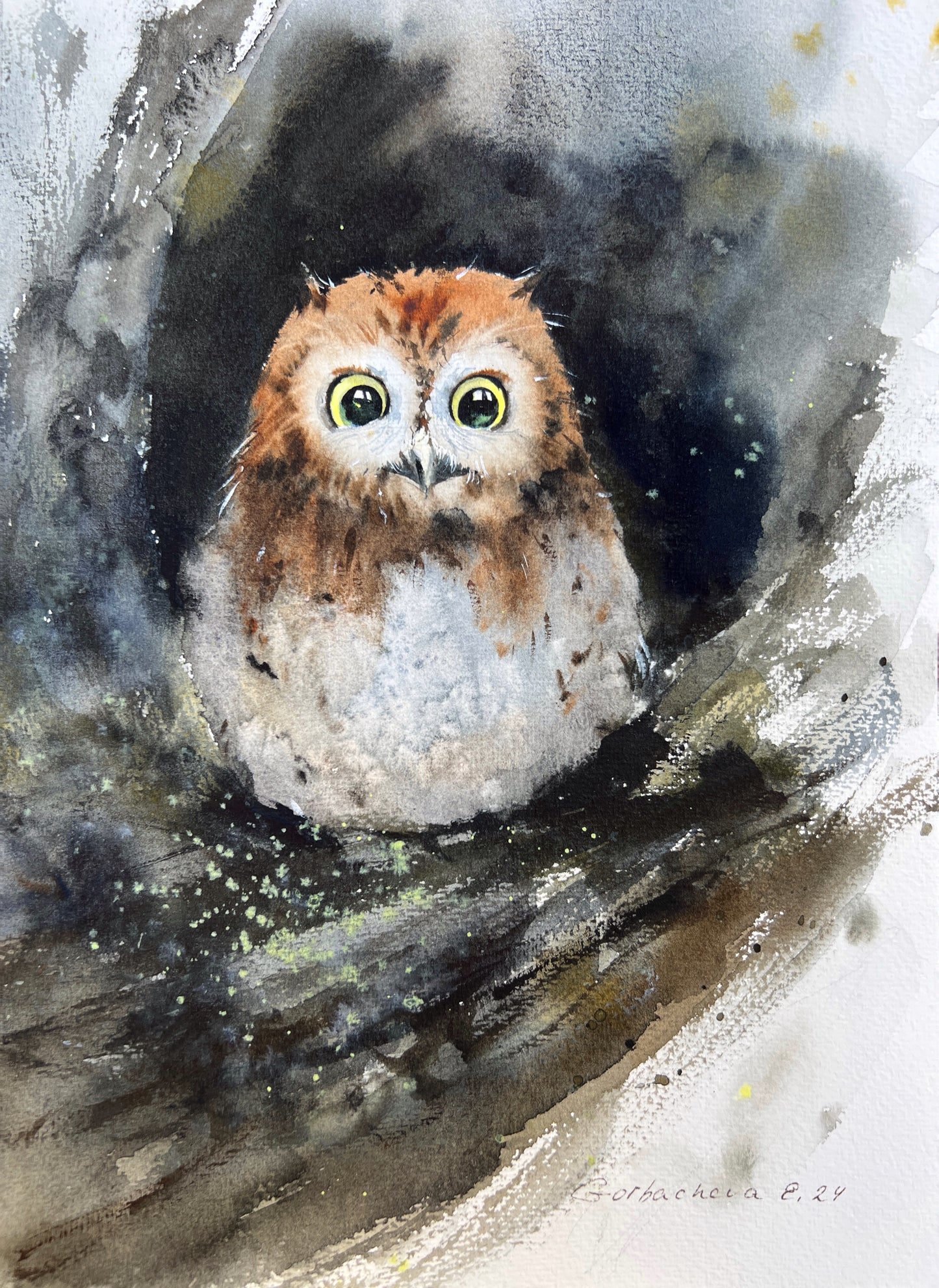 Watercolor Painting, Small Original Artwork - Owl in a hollow