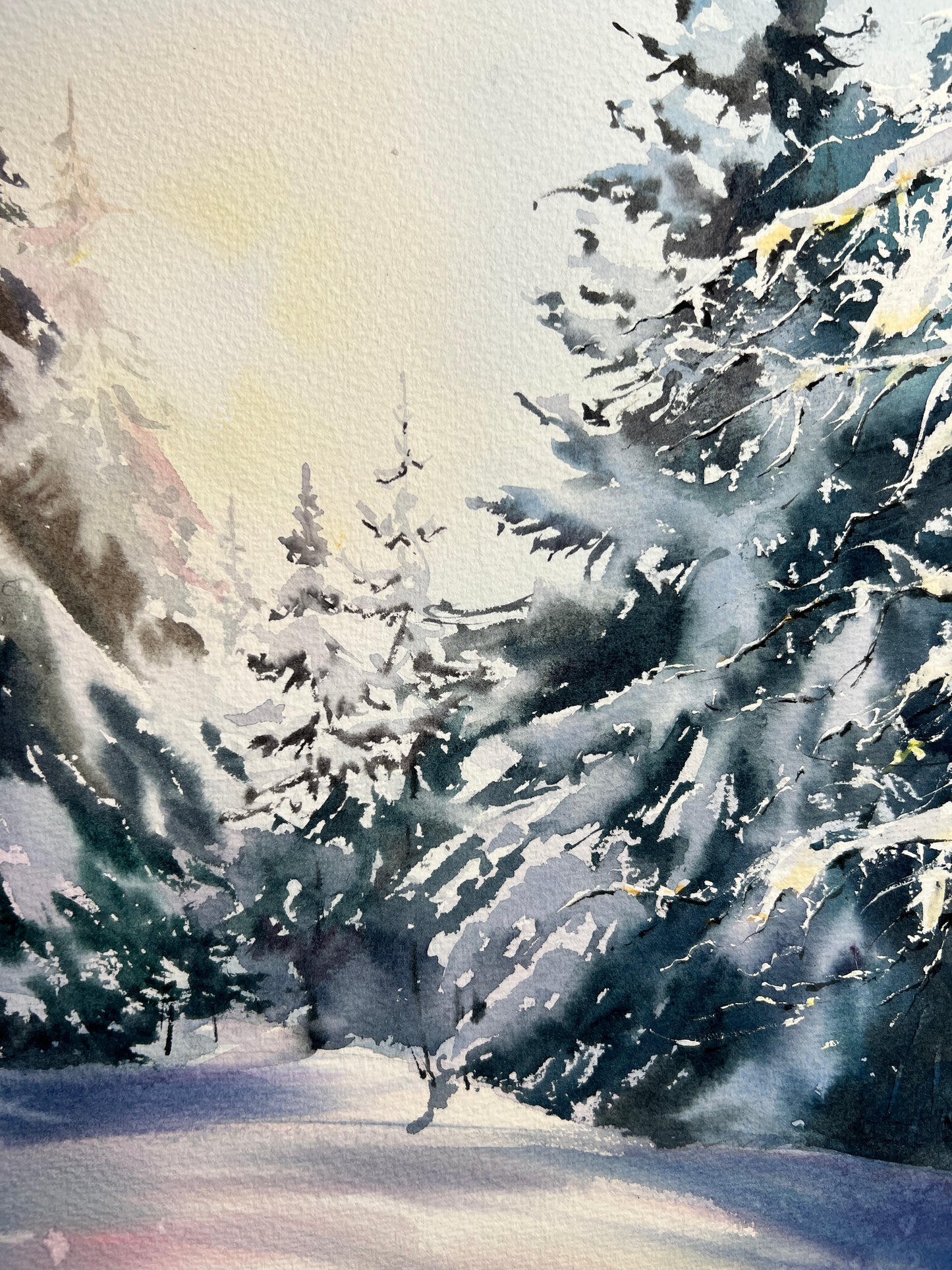 Winter Forest Small Painting, Christmas Tree Watercolor Original Art, New Year Gift & Art Decor, Snowy Landscape