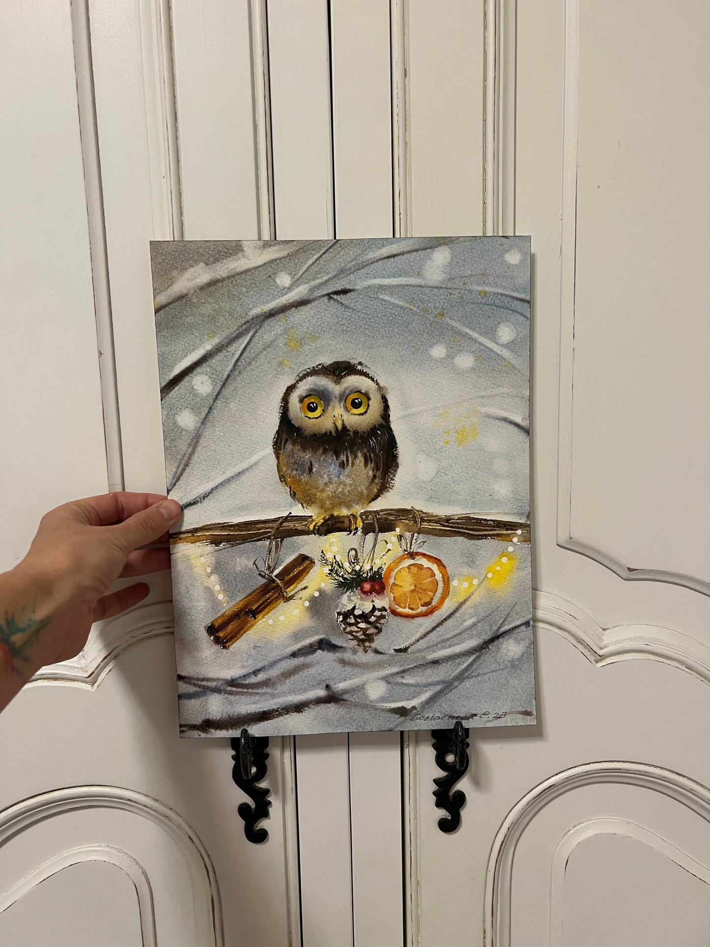 Christmas Owl Painting Original, Small Watercolor Artwork , New Year Gift, Bird Wall Art Decor, Christmas Gift